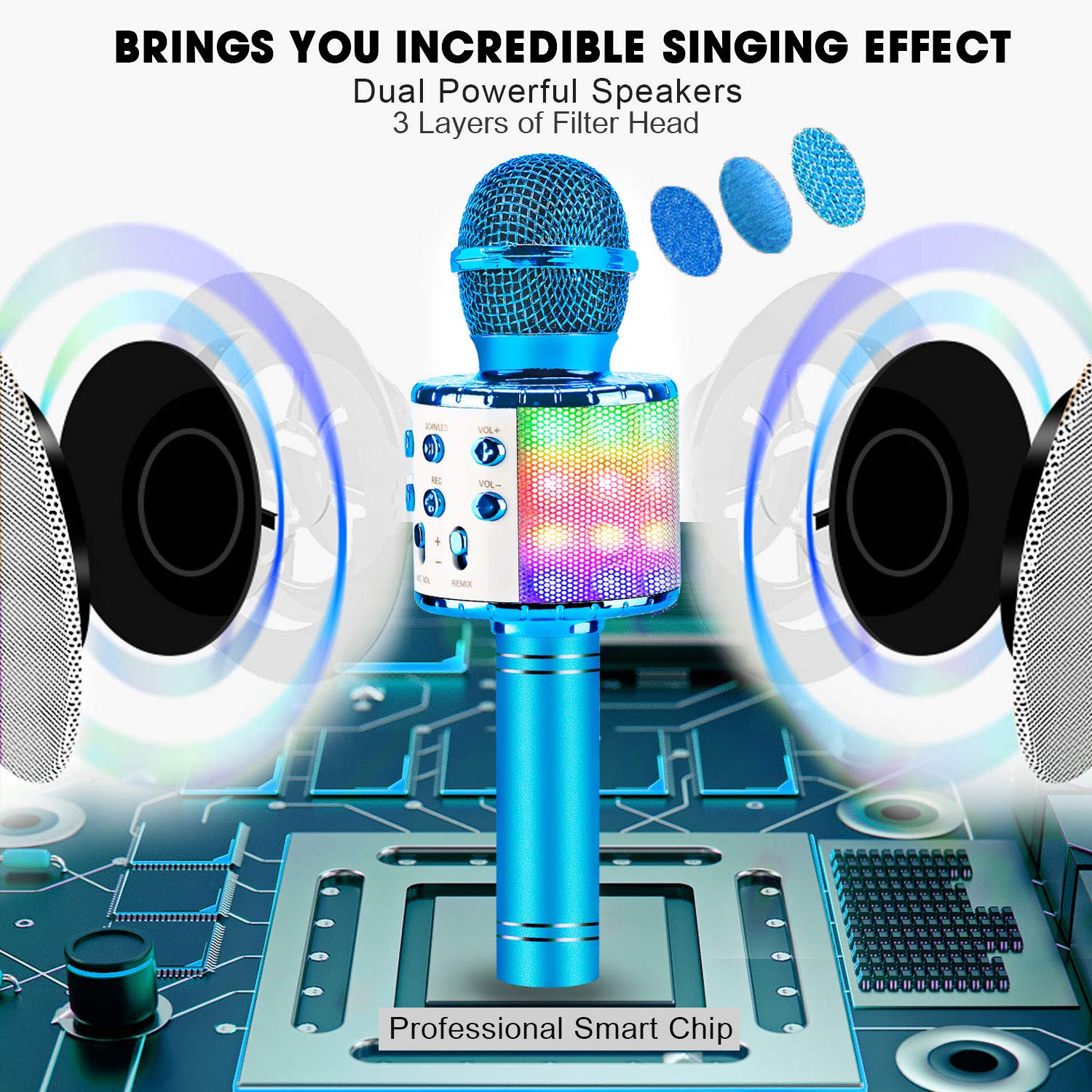 Bluefire 4 In 1 Karaoke Wireless Microphone With Led Lights, Portable Microphone For Kids, Great Toys For Kids, Girls, Boys And
