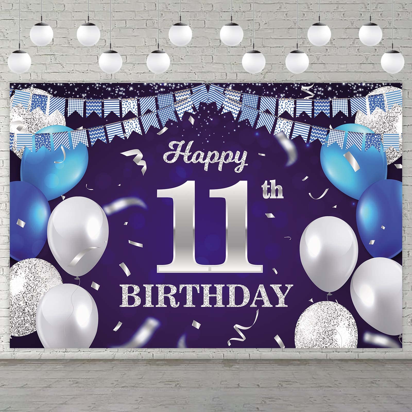 Happy 11Th Birthday Banner Backdrop Navy Blue Balloons Confetti Stripe Flag Light Spots Cheers To 11 Years Old Theme Decorations