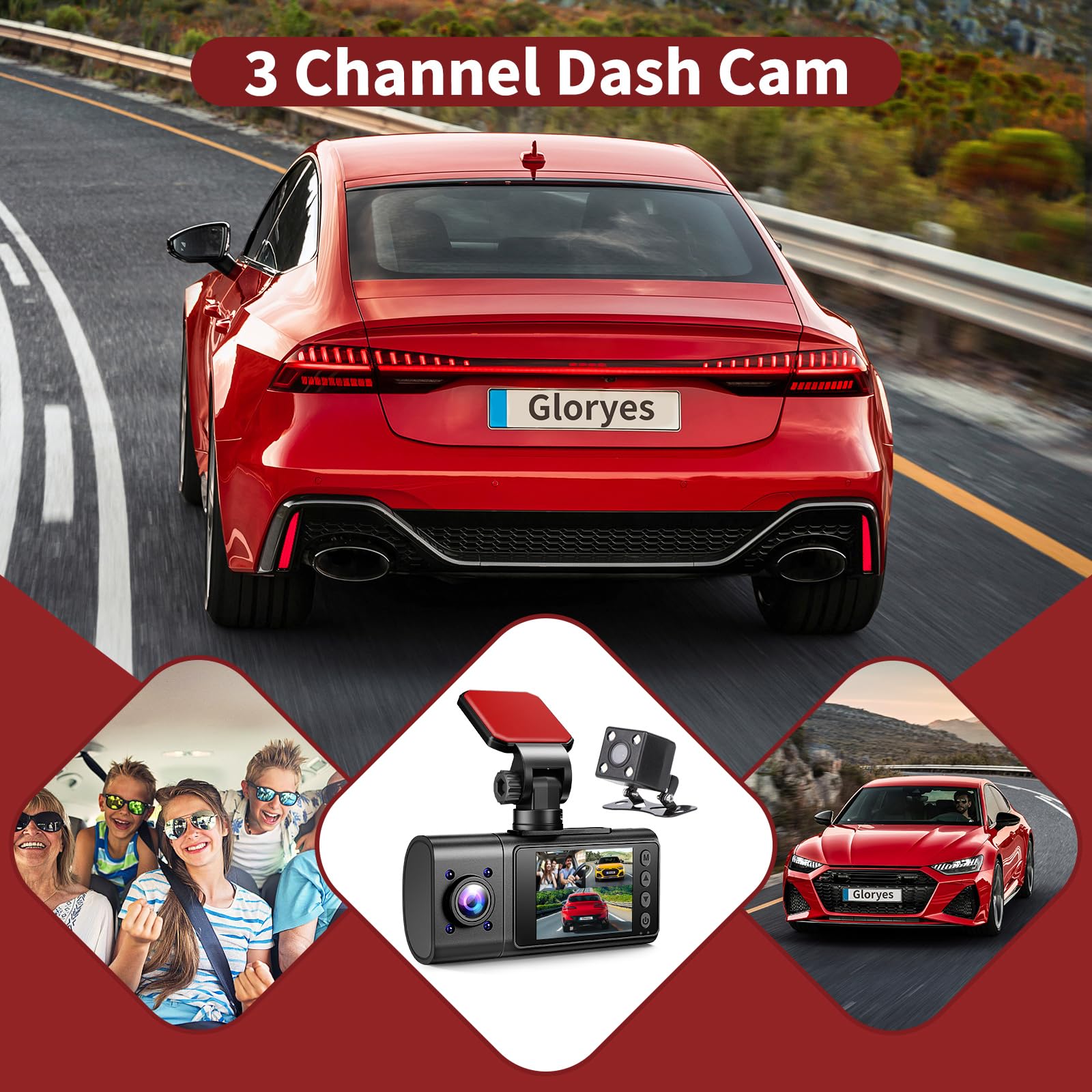 Vital Dash Cam,3 Channel Dash Cam Front And Rear Inside,Interior Car Camera,2.5K/1440P Front Car Dash Cam,Front+Interior,Front+R