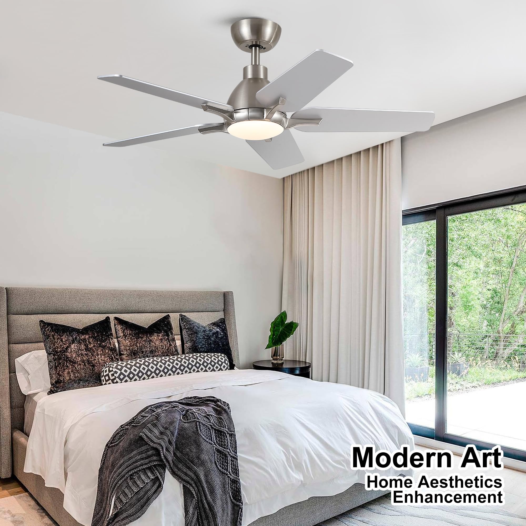 Putroad 42 Inch Ceiling Fans With Lights, Brushed Nickel Ceiling Fan With Remote, Modern Ceiling Fan For Bedroom, Living Room, D