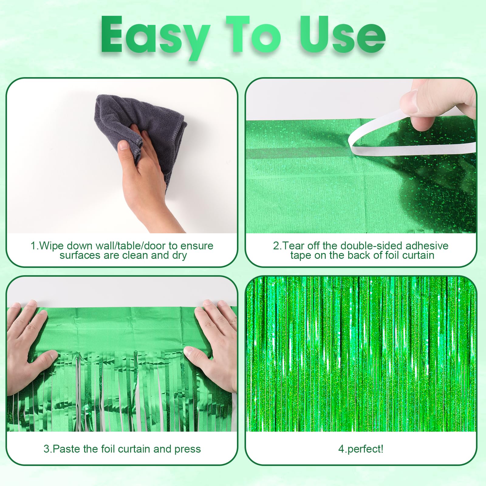 Voircoloria 2 Pack Laser Green Tinsel Foil Fringe Curtains, Green Party Decorations, Metallic Tinsel Party Streamers Backdrop Fo