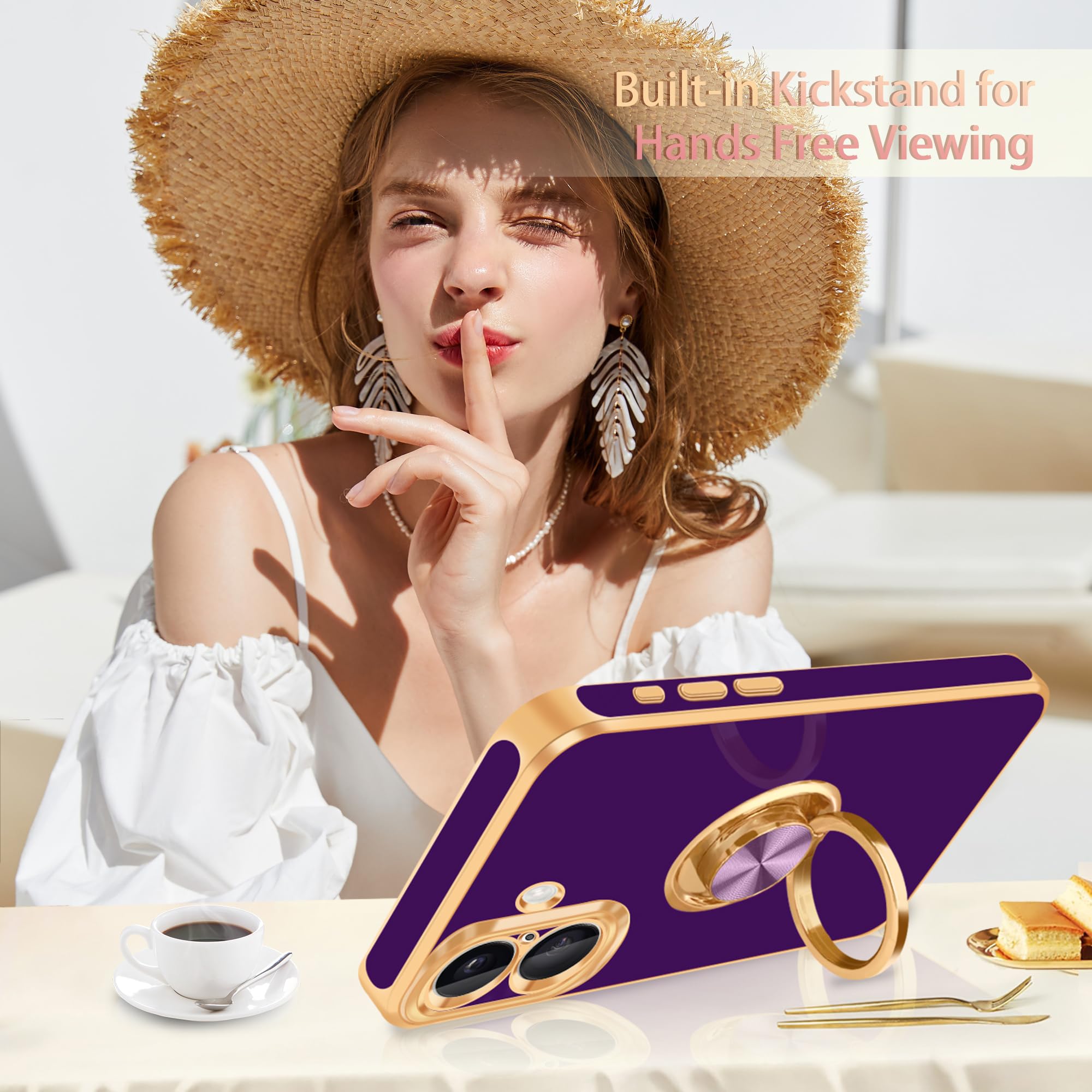 Fingic For Iphone 16 Phone Case[With 360 Ring Holder][Support Magnetic Car Mount]Cute Kickstand Slim Women Girls Nonslip Hard Pc