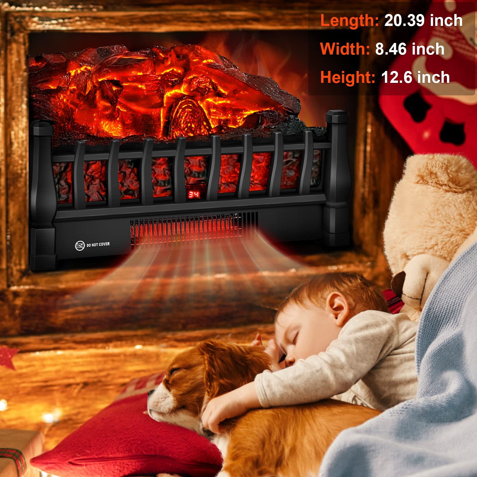 Electric Fireplace Logs Inserts Heater With Infrared Remote Controller 5 Flame Brightness 24 H Timer Overheating Protection For