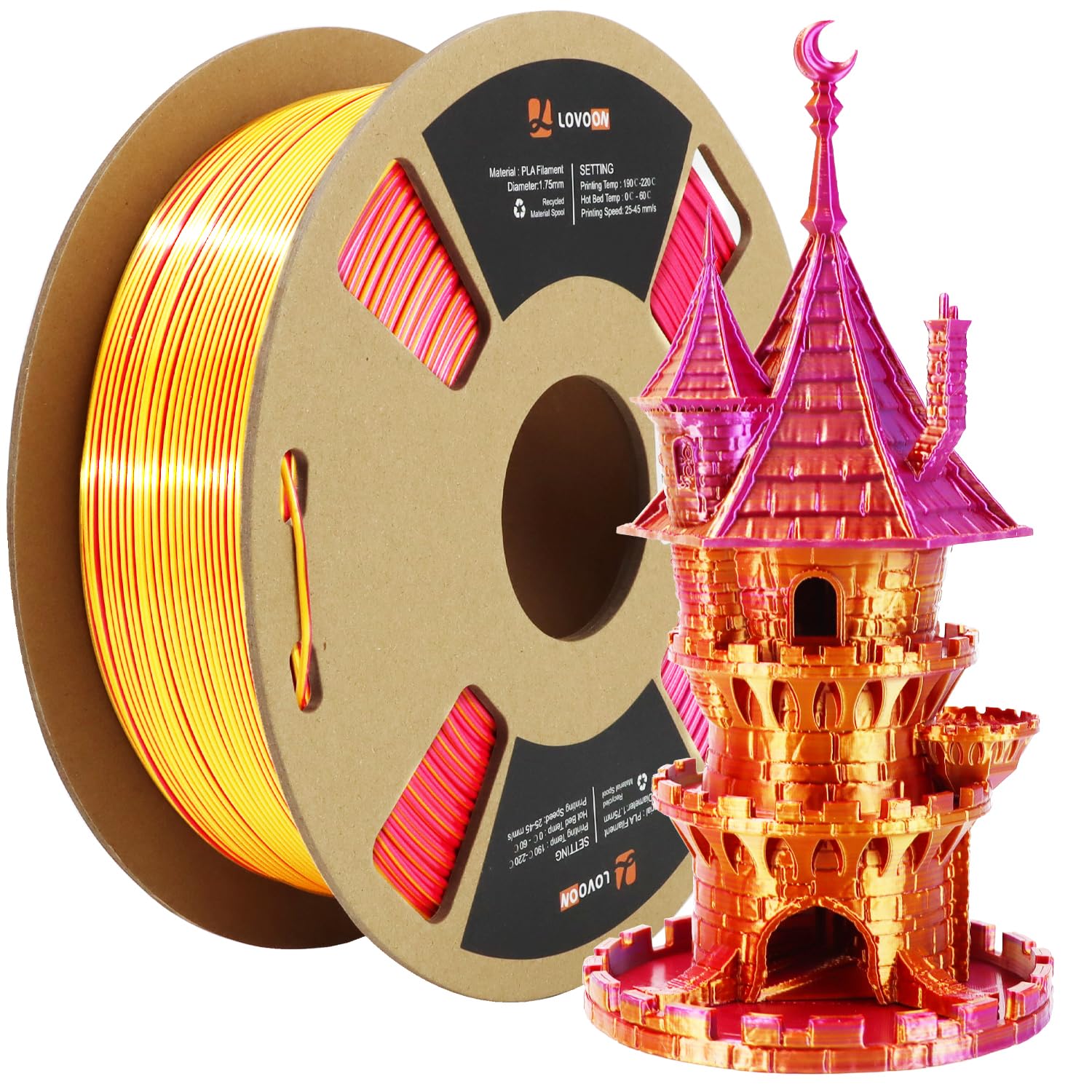 Lovoon 3D Printer Filament Tricolors, Color Change By Angle Pla Filament 1.75Mm, Silk Pla Filament, Gold Red Purple Tree Colors,