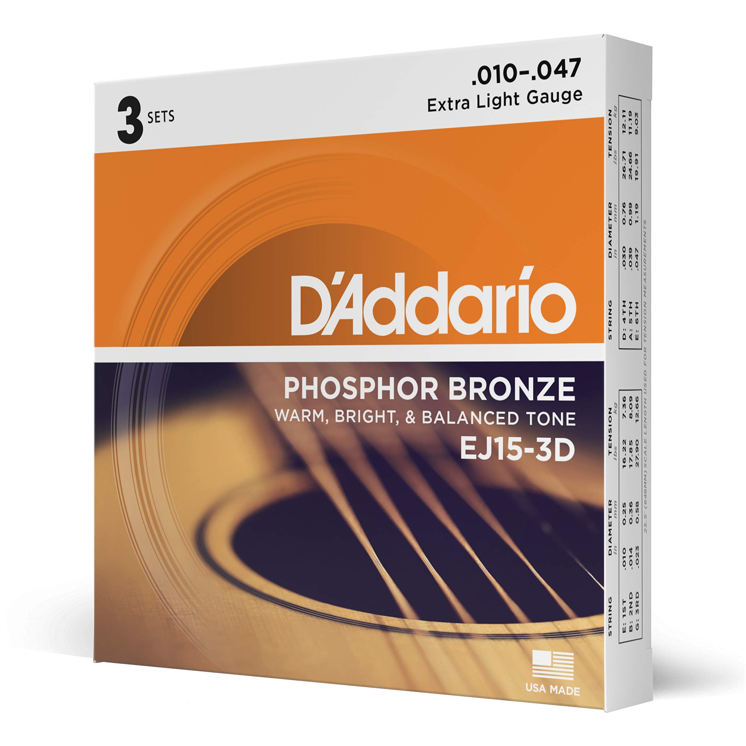 D'Addario Guitar Strings   Phosphor Bronze Acoustic Guitar Strings   Ej15 3D   Rich, Full Tonal Spectrum   For 6 String Guitars   10 47 Extra Light, 3 Pack