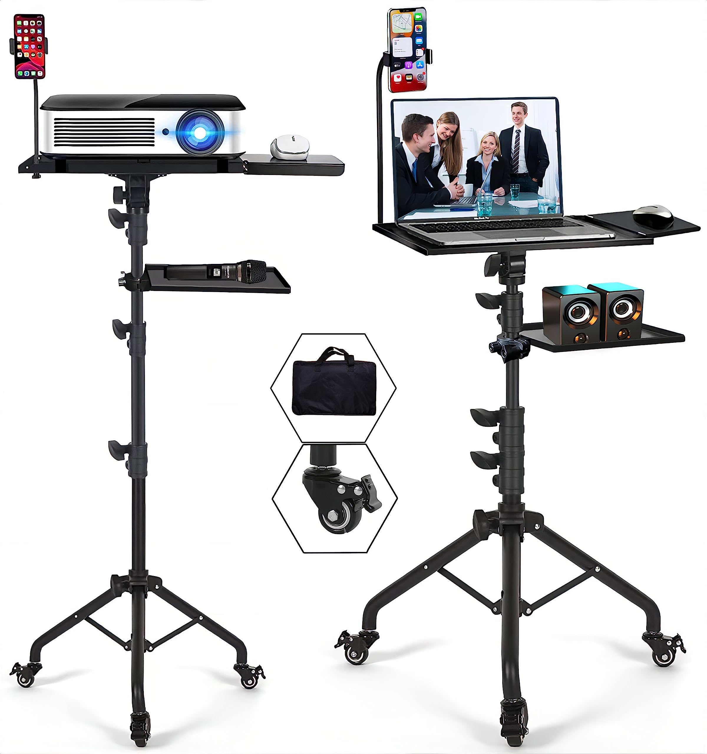 Asltoy Projector Tripod Stand With Wheels Adjustable Height Laptop Tripod Stand Treadmill Laptop Stand With 2 Shelves Phone Hold