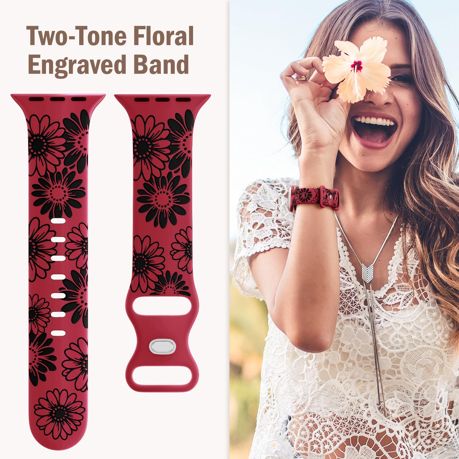 Daqin Floral Engraved Band Compatible With Apple Watch Band 41Mm 40Mm 38Mm 45Mm 49Mm 44Mm 46Mm Women, Flower Pattern Bands Soft