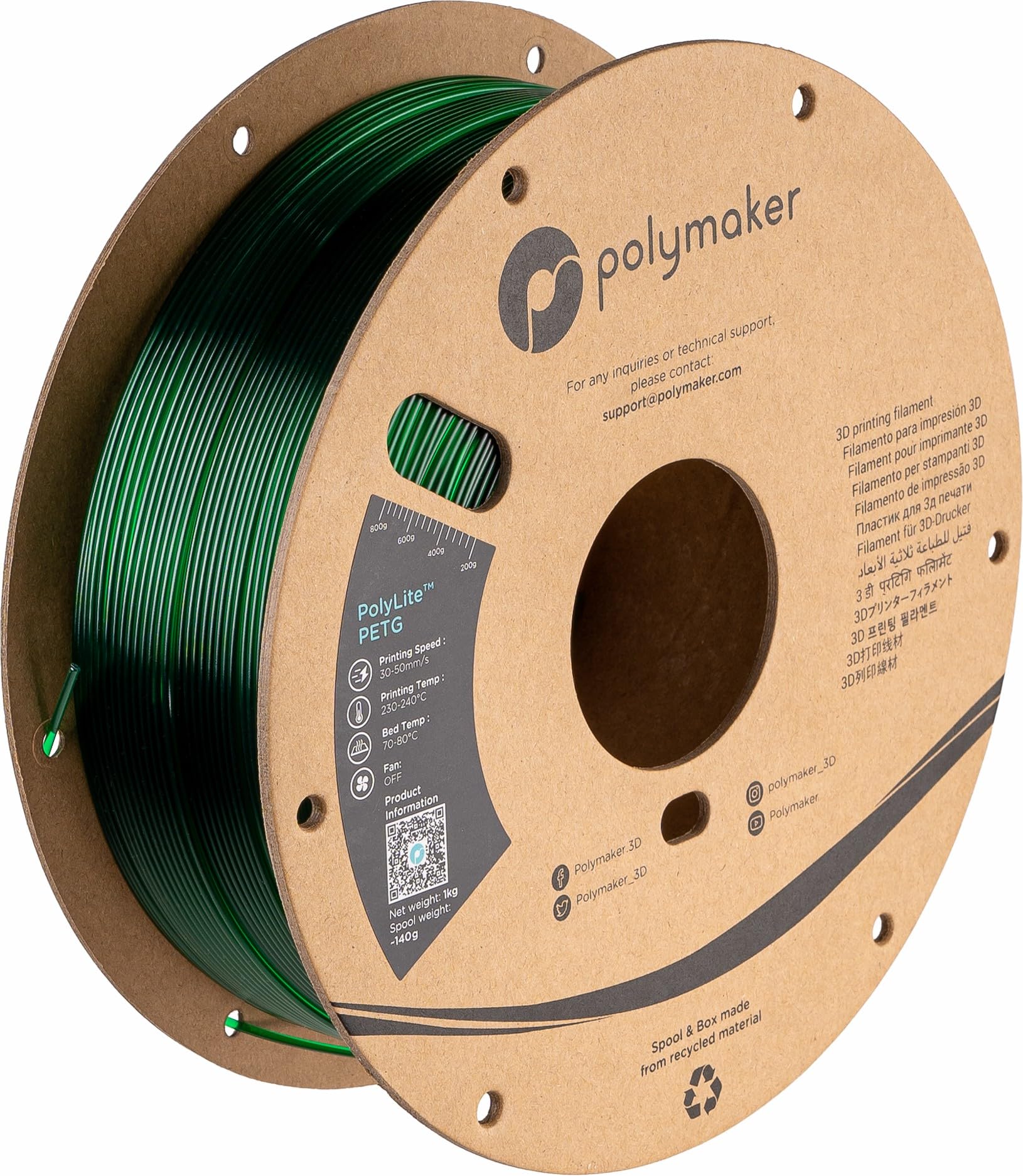 Polymaker PolyLite 3D Printer PETG Filament Translucent Green 1.75mm 1kg, Legacy PETG Formula, Reliable Everyday Filament, Stron