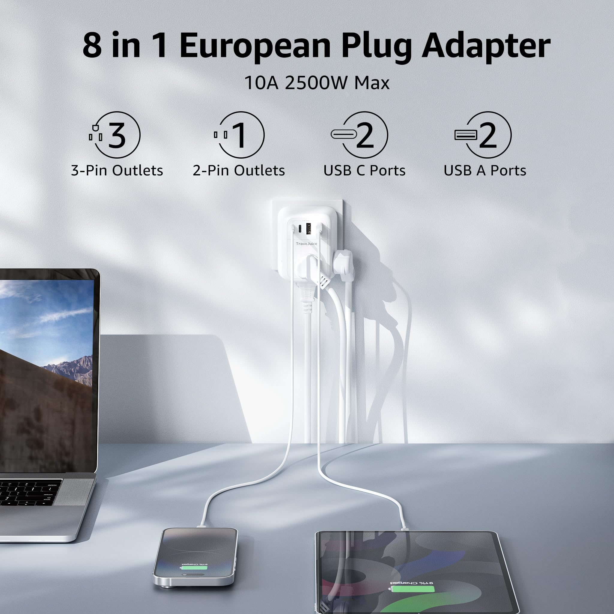Type E/F Plug Adapter 2 Pack, Travejuice Germany France Power Adapter Outlet Converter With 4 Ac 4 Usb Ports (2 Usb C), Travel A
