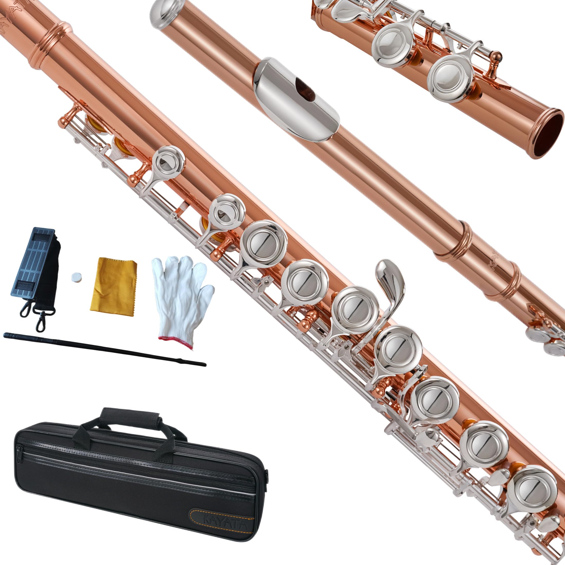 Kayata Flutes, Closed Hole C 16 Keys Flute Instrument, Student Flute For Beginner Advanced Player With Flute Cleaning Kit, Carry