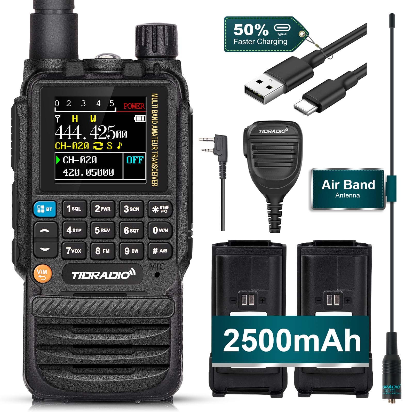Tidradio Td H3 Ham Radio Handheld, Multi Band Two Way Radios With 2500Mah Battery, Portable Long Range Radio With Usb C Programm