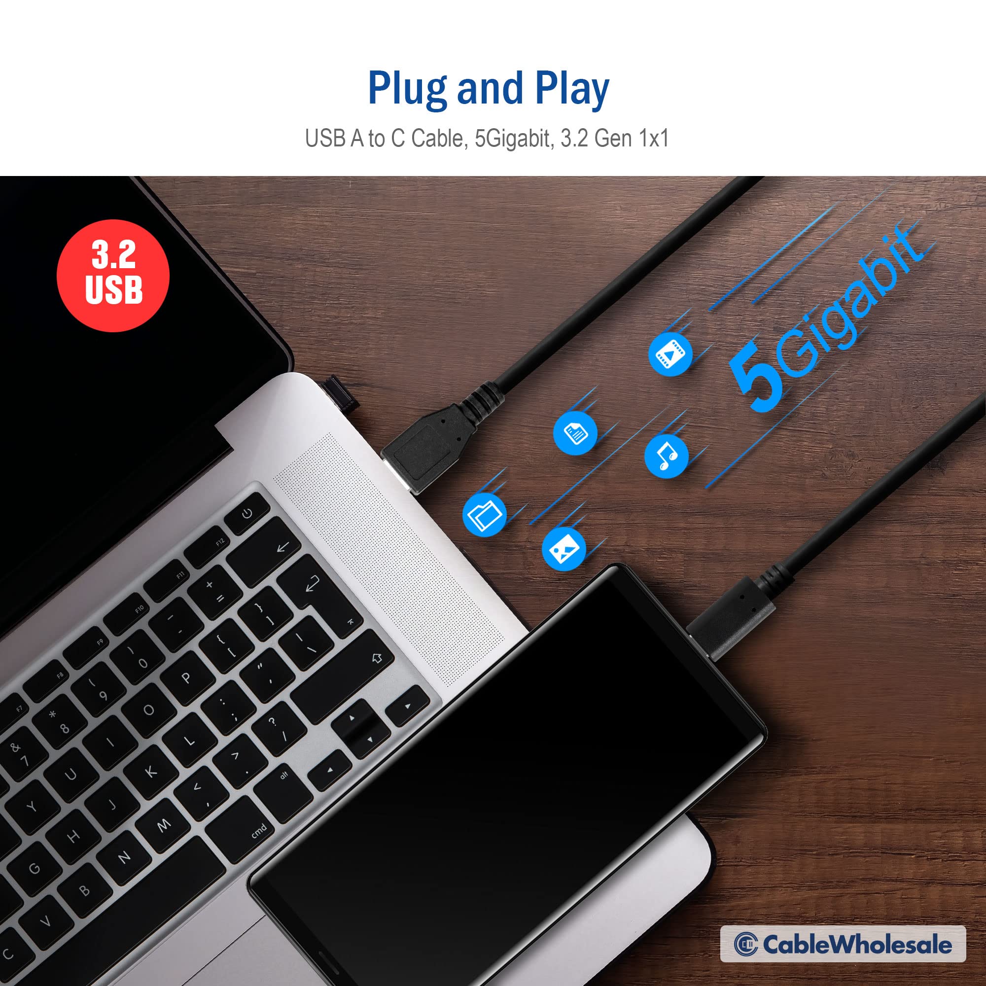 Usb 3.2 Gen 1X1 Type A To Type C Cable   5Gbps Data Transfer, Reversible Connector, 3 Feet