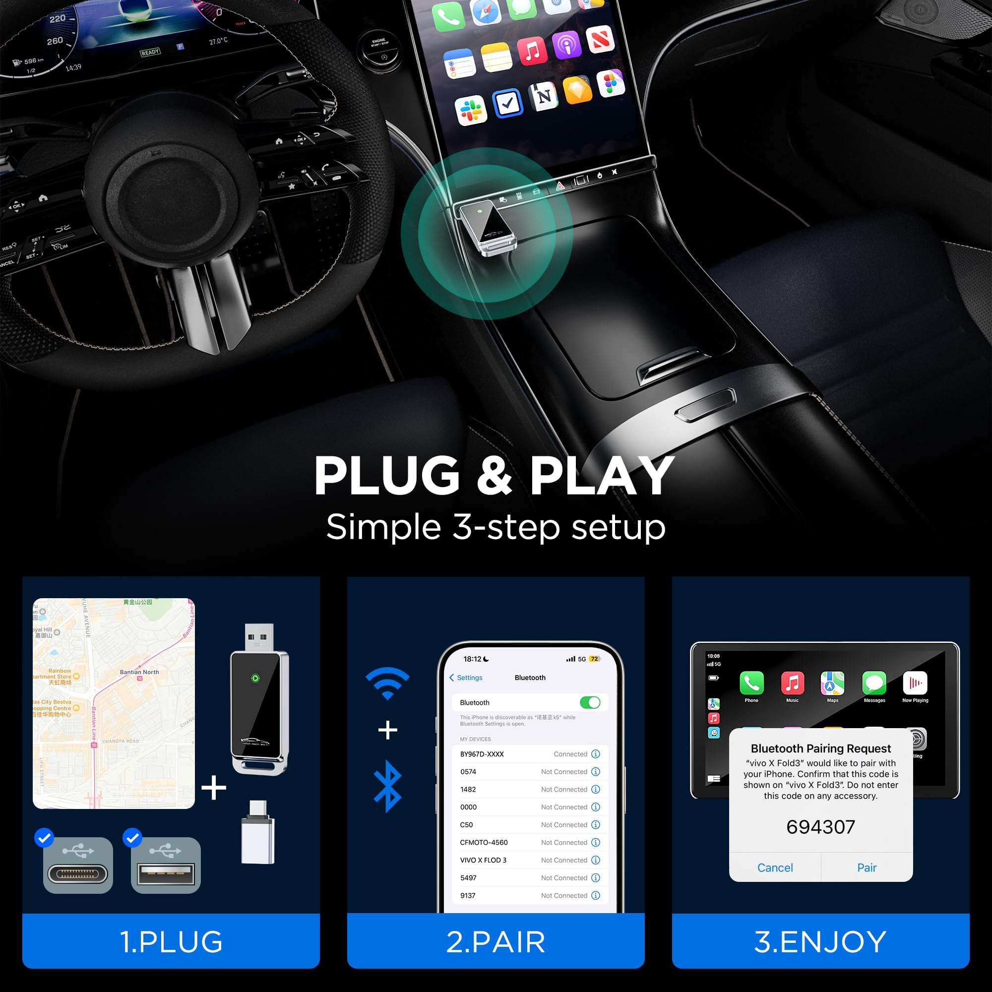 Vnilrgle Wireless Carplay Adapter 2024 Upgrade, Plug And Play, No Latency, Converts Factory Wired To Wireless, Compatible With I