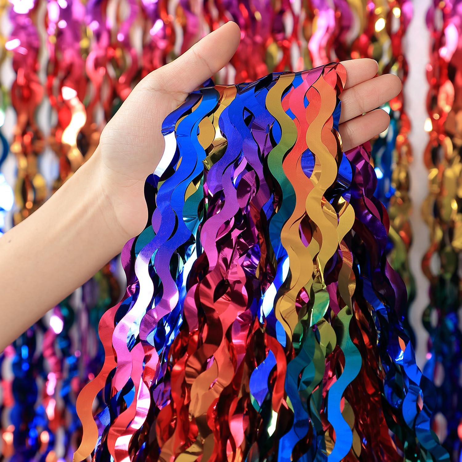 3 Pack Colorful Foil Fringe Curtain Backdrop   6.6 X 3.3 Ft Wavy Rainbow Tinsel Backdrop Curtain Metallic Streamers Iridescent H