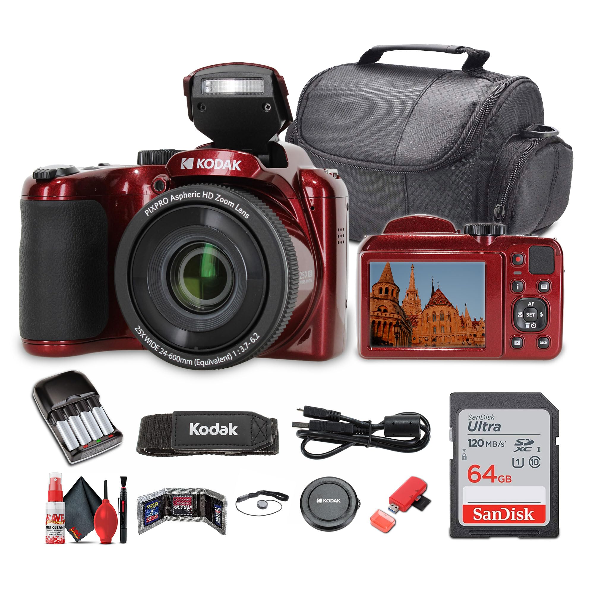 Kodak Pixpro AZ255 Digital Camera (AZ255RD) Bundle Including: 64 GB Memory Card, Rechargeable Batteries, Case, Neck Strap, Lens 