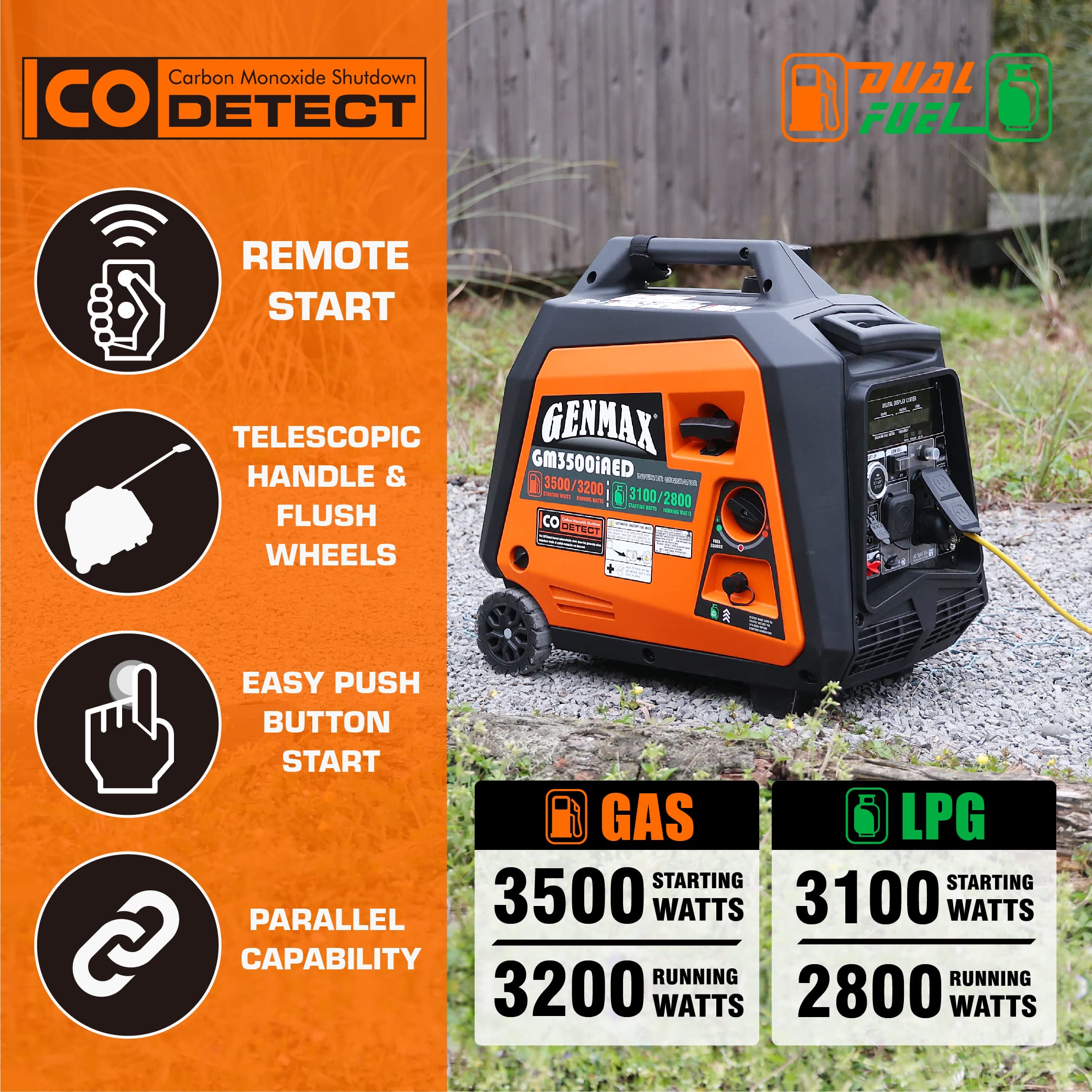 Genmax Portable Inverter Generator, 3500W Super Quiet Gas Or Propane Powered Engine With Parallel Capability, Remote/Electric St