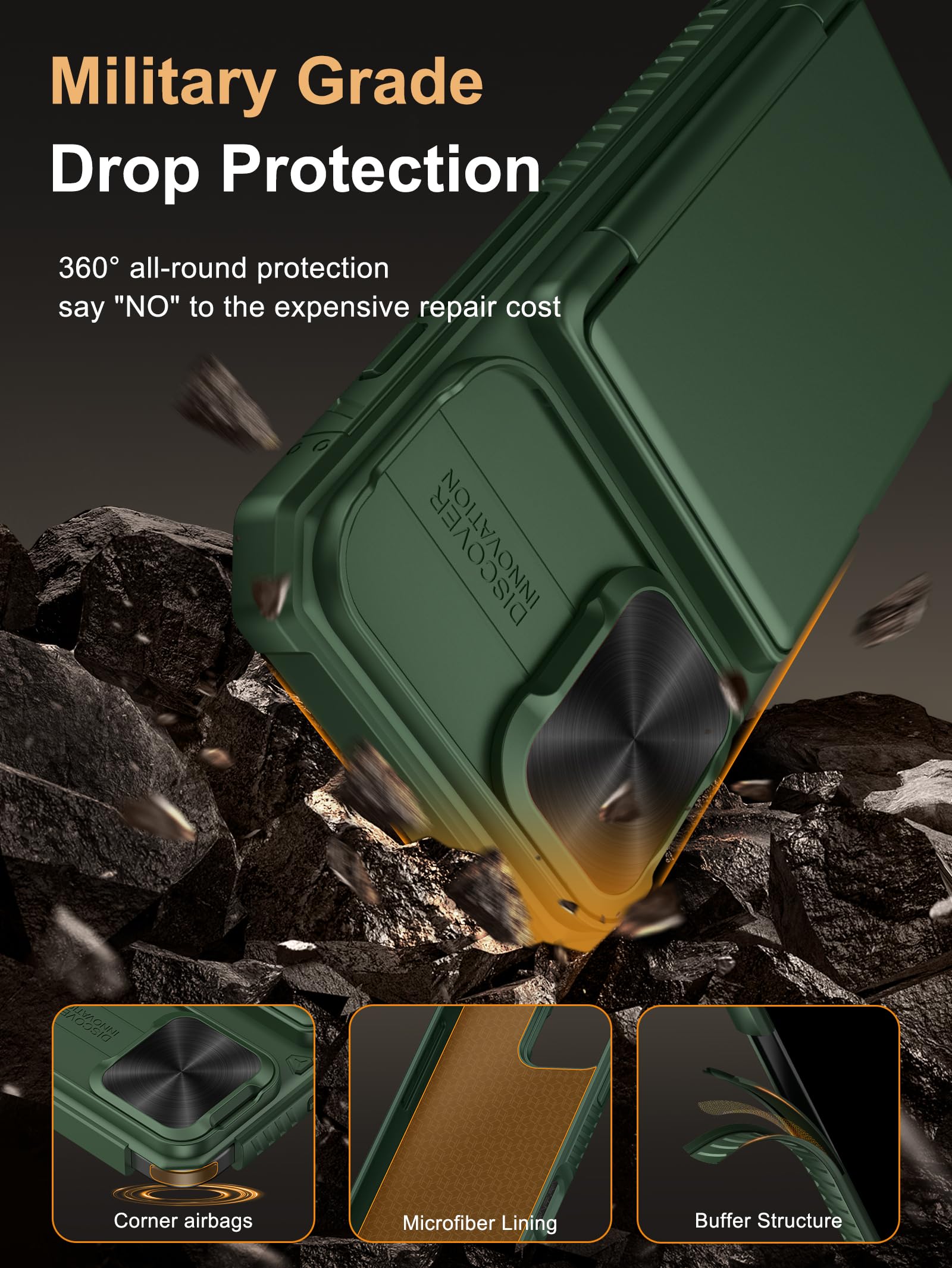 Vihibii For Iphone 16 Case With Card Holder (4 Cards) [Rfid Blocking] & Slide Camera Cover, Military Grade Drop Protection, Rugg