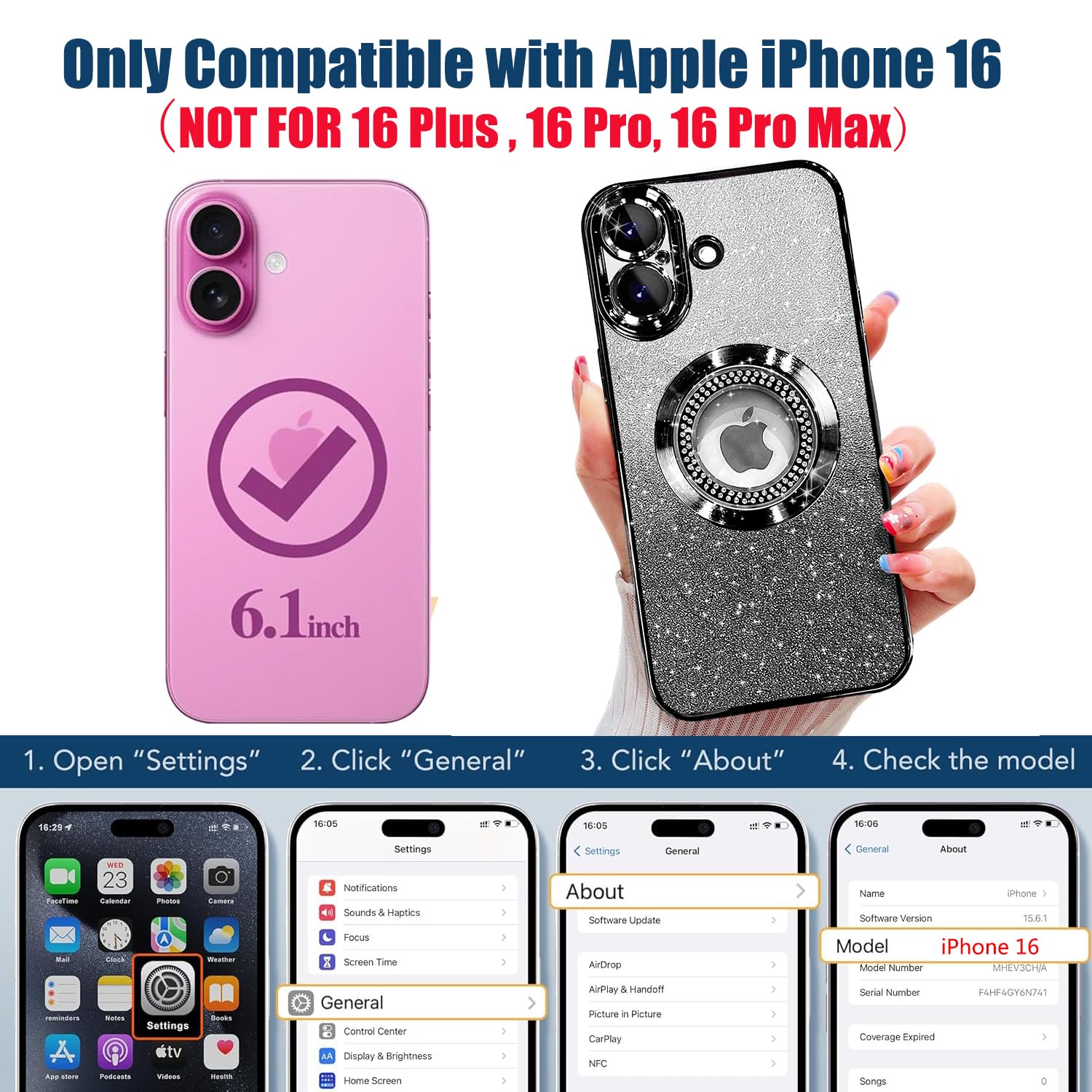 Misscase For Iphone 16 Magnetic Glitter Case Compatible With Magsafe,Full Protection Slim Shockproof Anti Scratch Case With Came