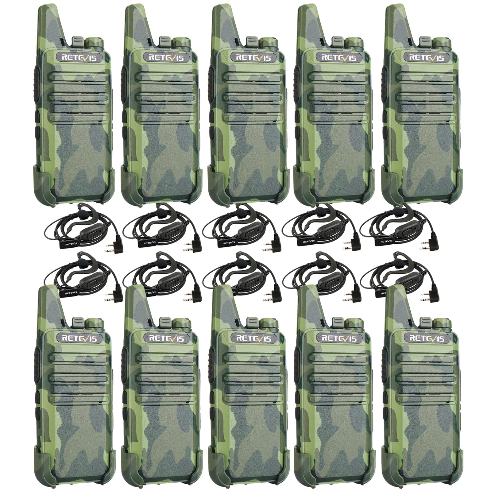 Retevis Rt22 Walkie Talkies With Earpiece, Portable Frs Two Way Radios, Camouflage, Compact, Lightweight, Vox Hands Free, Handheld 2 Way Radio With Headsets(10 Pack)