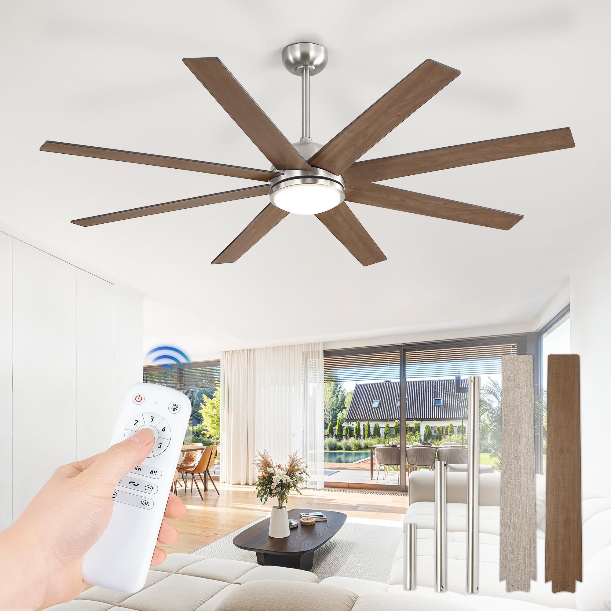 Fanbulous 65 Inch Ceiling Fans With Lights And Remote, Brush Nickel Indoor/Outdoor Ceiling Fan With Quiet Reversible Dc Motor, 6