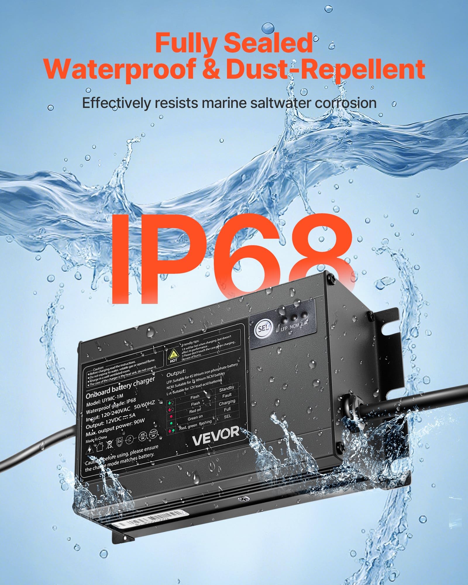 Vevor Marine Battery Charger, 1-Bank, 5A 12V Onboard Boat Charger, Ip68 Waterproof Smart On-Board Battery Charger, For Lithium-I