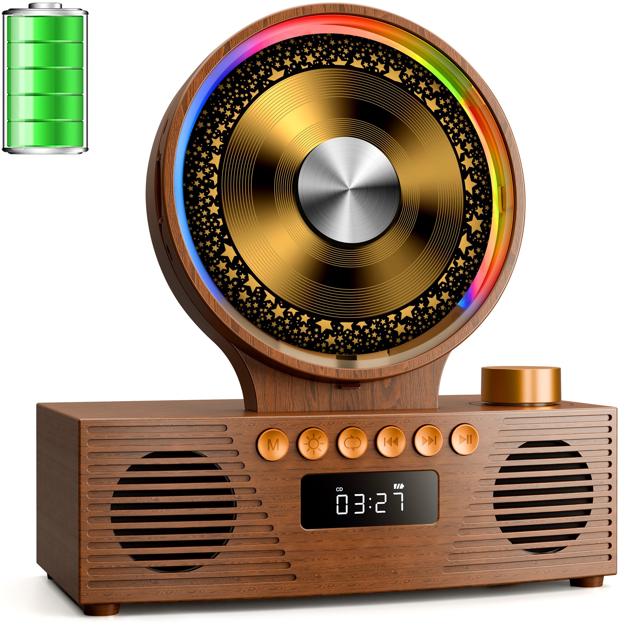 KOGODA Retro CD Player with Bluetooth 5.3 & Dual Speakers, 4000mAh Rechargeable, 6-in-1 Playback (CD/USB/TF/FM/AUX/BT), RGB Ligh