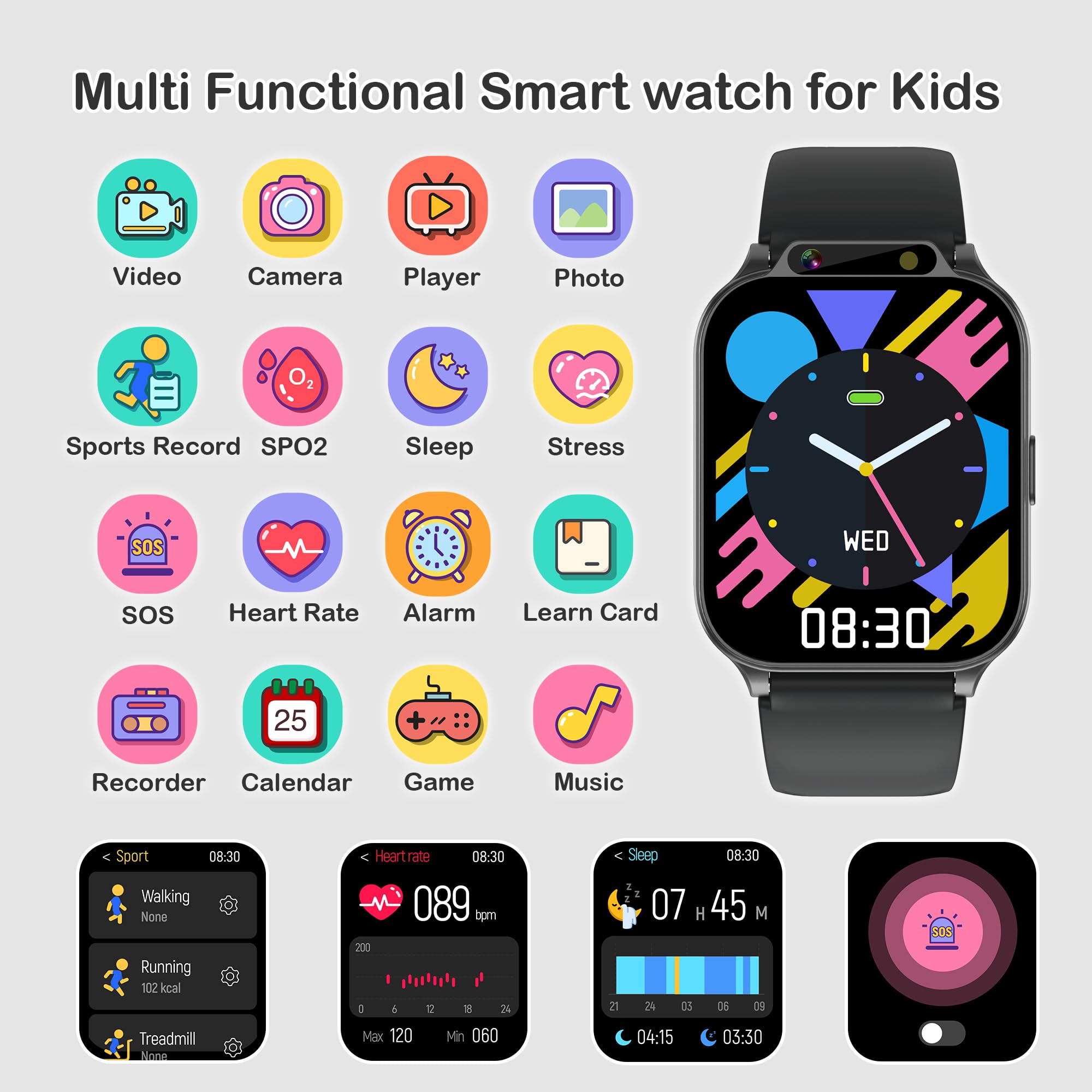 Kids Smart Watch Boys With Fitness & Sleep Tracker, Waterproof Smart Watch For Kids With Heart Rate & Blood Oxygen Monitor, Hd C