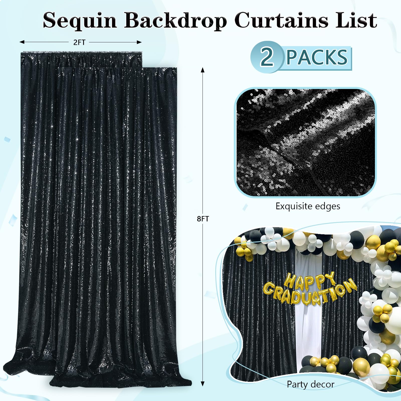 Black Sequin Backdrop 2 Panels 2Ftx8Ft Halloween Backdrop Curtains Party Decorations Birthday Wedding Photo Backdrop