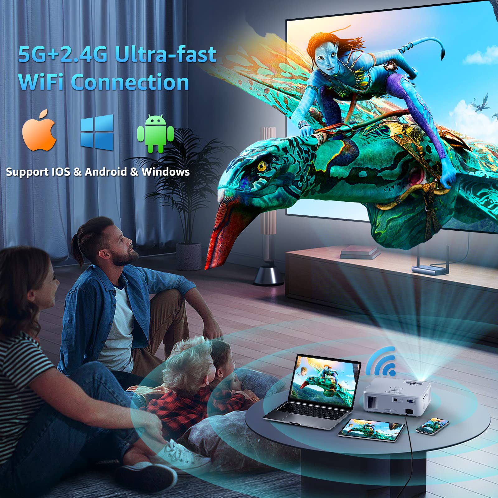 Projector With Wifi And Bluetooth, 5G Wifi Native 1080P Movie Projector, 9800L 4K Supported Portable Outdoor Projector, Pericat