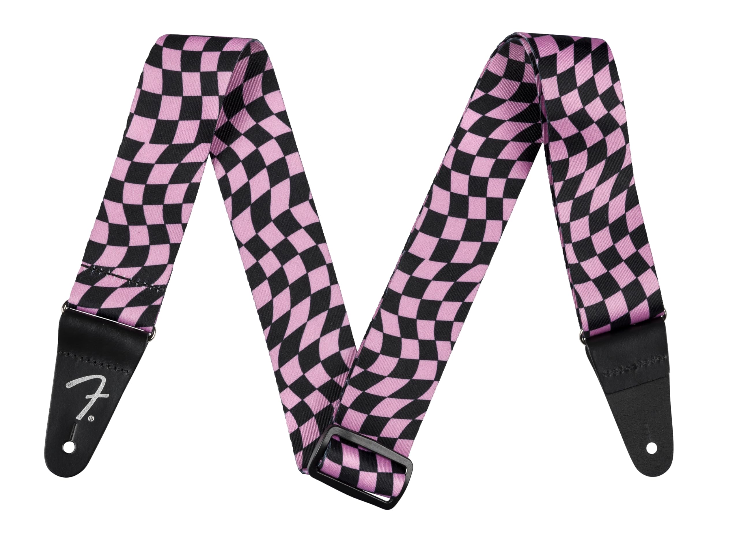 Fender Wavy Checkerboard Polyester Guitar Strap, Adjustable from 34-59, Leather Ends, Pink
