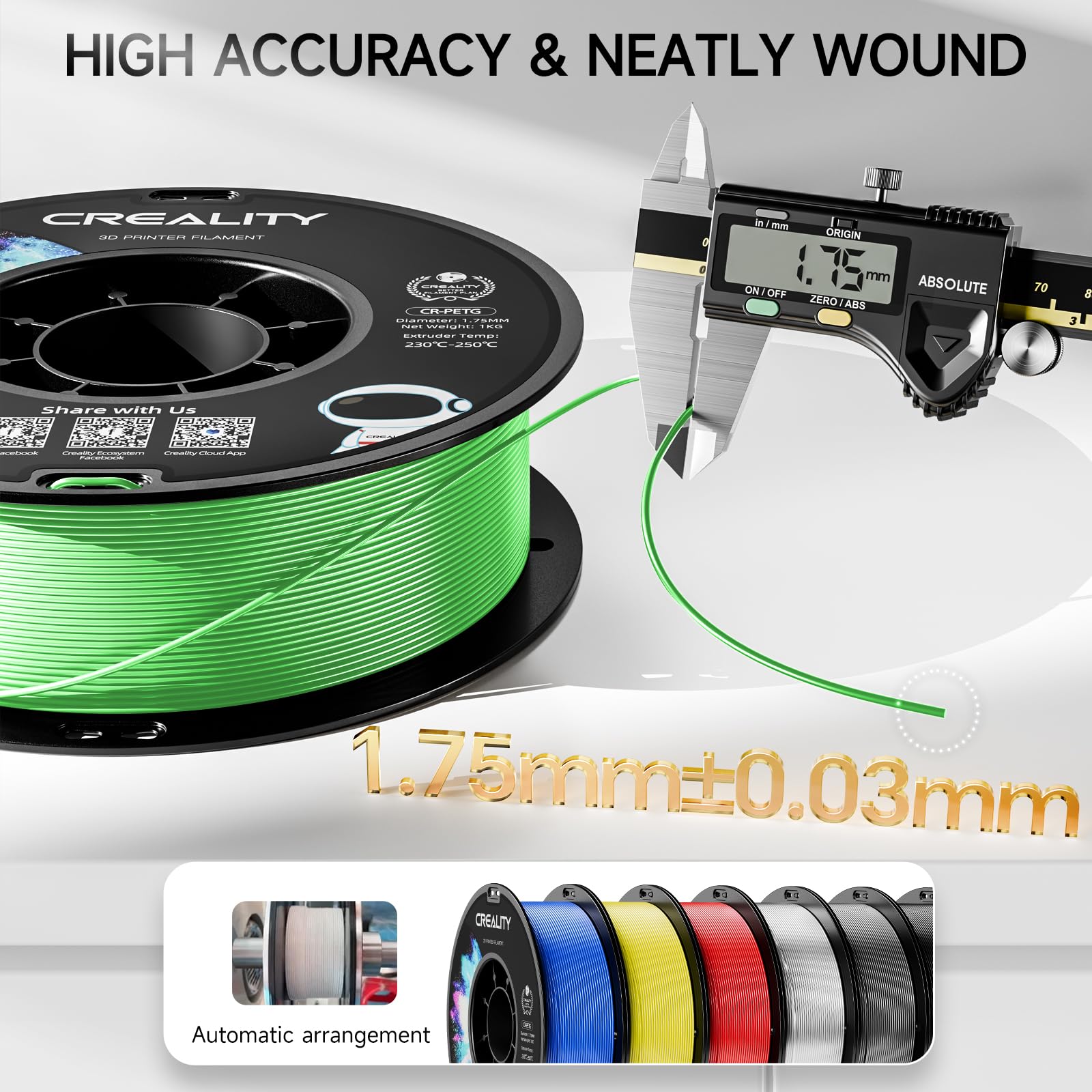 Official Cr Petg 3D Printer Filament 1.75Mm 1Kg (2.2Lbs), High Precision, Strong Toughness, Odorless, Better Flow Moistureproof