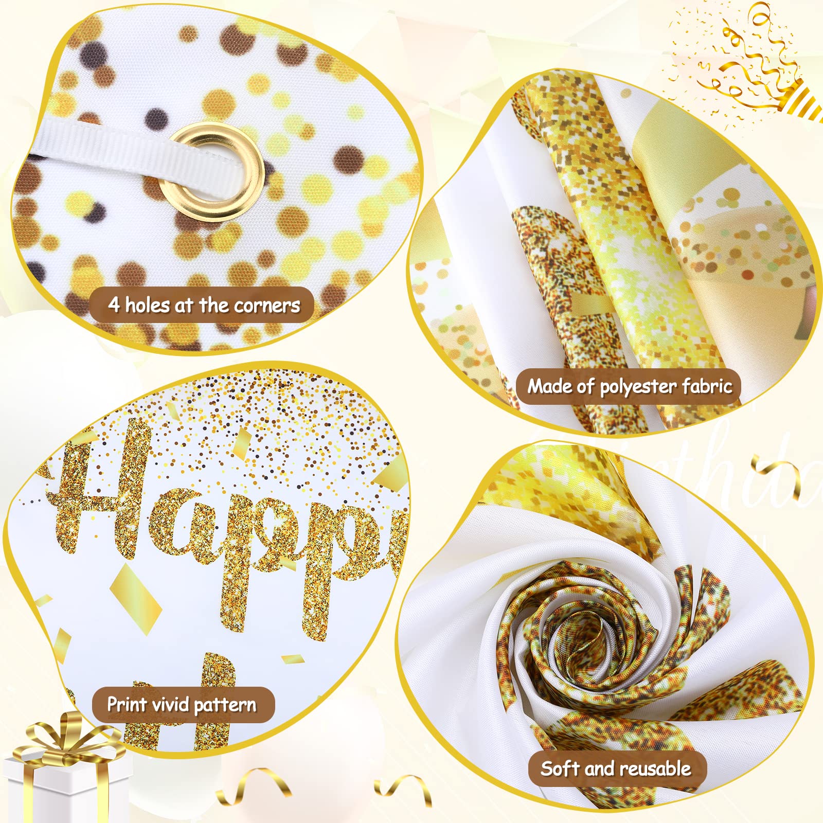 Gold White Birthday Party Decorations Banner, Gold And White Happy Birthday Banner, Large Gold White Birthday Banner Party Decor