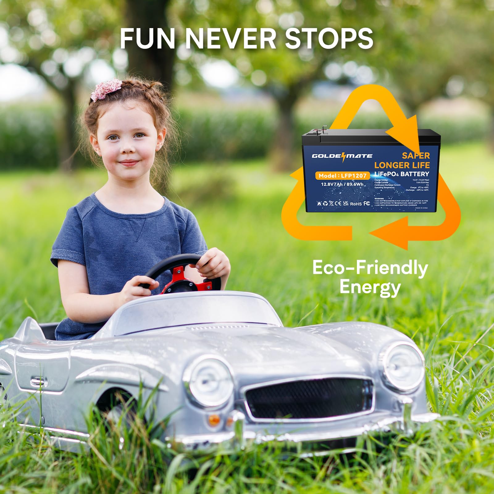 Goldenmate 12V 7Ah Lithium Lifepo4 Battery (2 Pack), 5000+ Cycles Lithium Iron Phosphate Rechargeable Battery, Built-In 15A Bms,