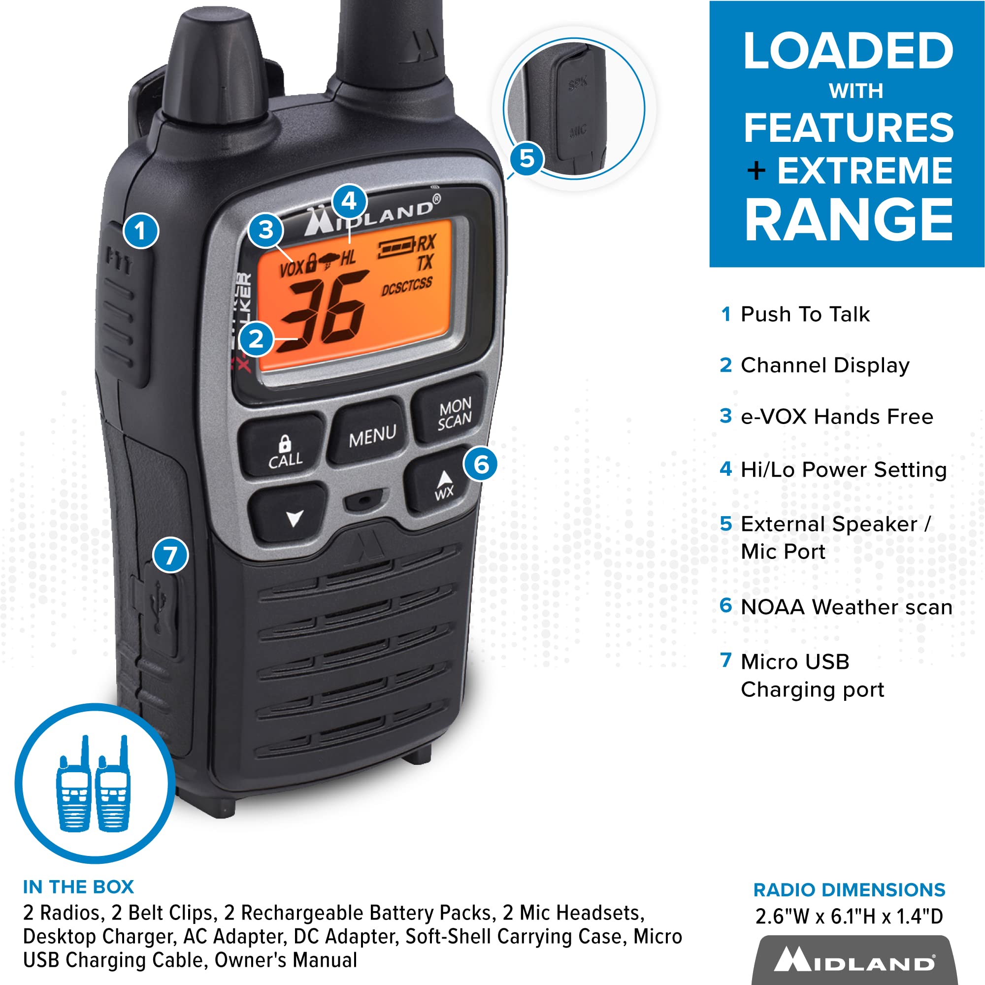 Midland T77Vp5 X Talker Long Range Walkie Talkie Frs Two Way Radio For Camping Overlanding Noaa Weather Scan + Alert, 121 Privacy Codes   Includes Carrying Case & Headset Black/Silver, 2 Radio Bundle