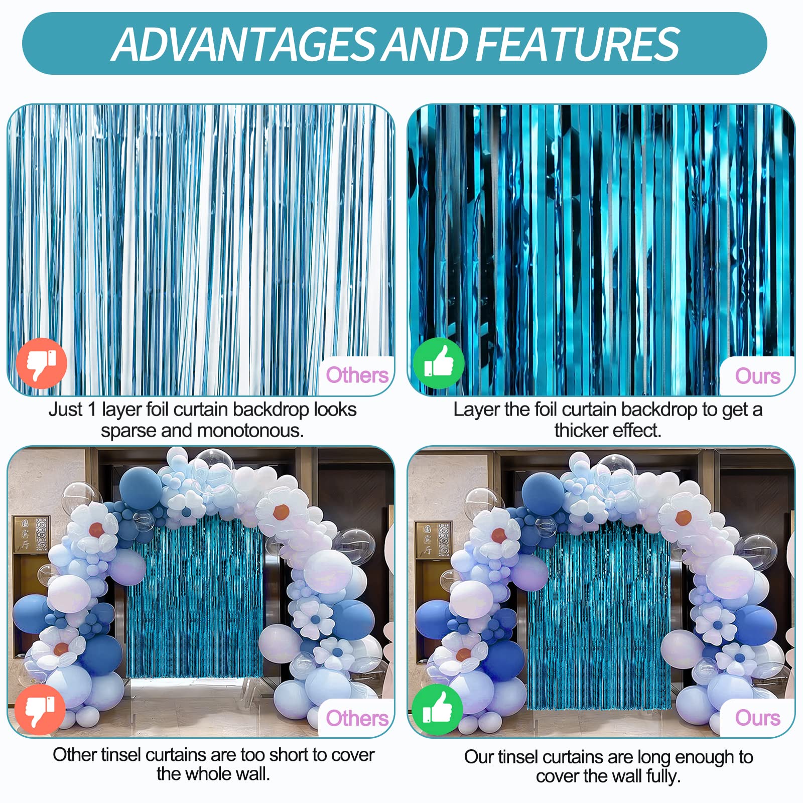 Crosize 2 Pack 3.3 X 9.9 Ft Blue Foil Fringe Curtains Party Decorations, Blue Tinsel Curtain Backdrop For Parties, Door Streamer