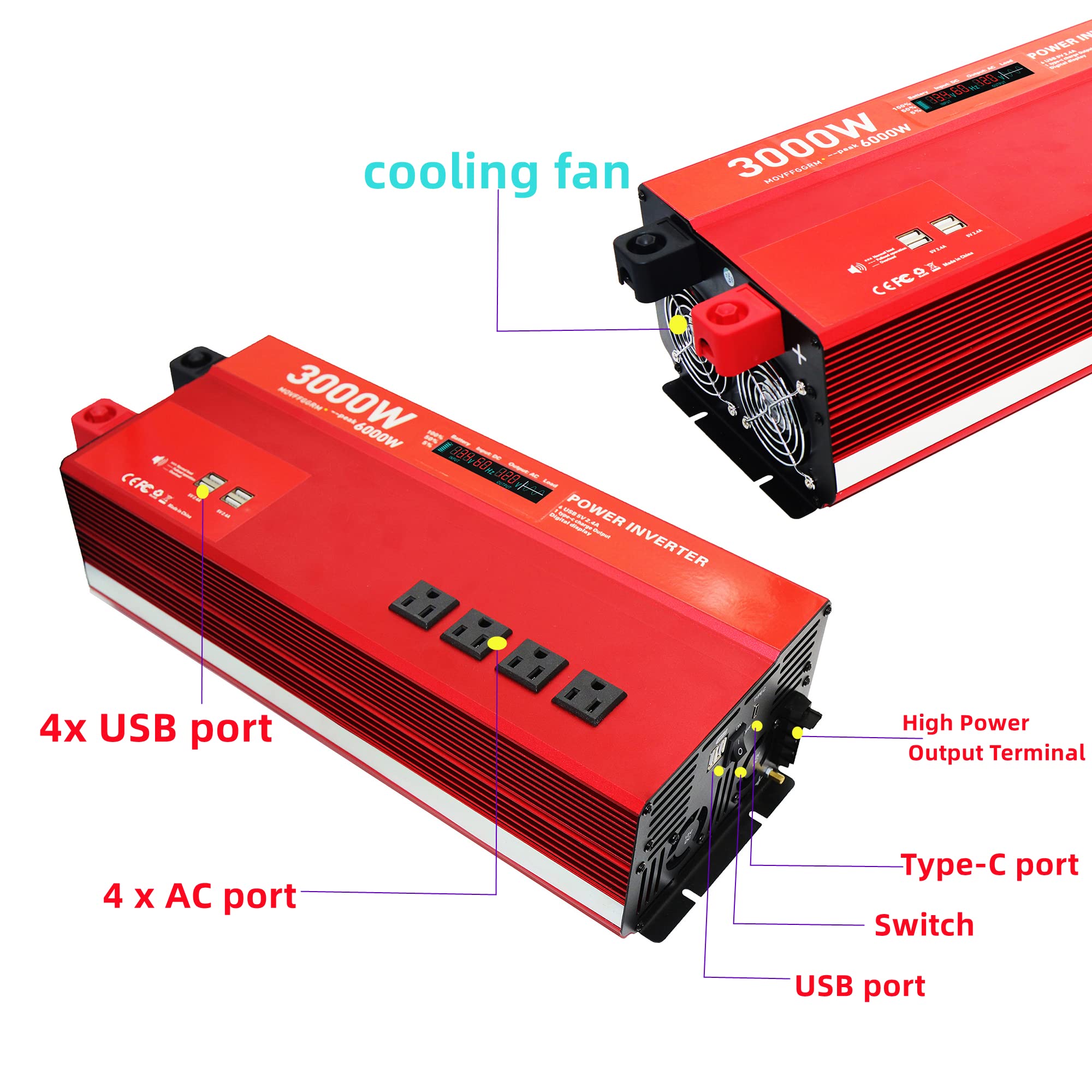 Movffggrm 3000W 12V Power Inverter,Peak 6000W, Car/Truck/Rv Dc 12V To 110V 4Ac Converter, 6X 2.4A Usb Ports,With 18W Type-C Quic