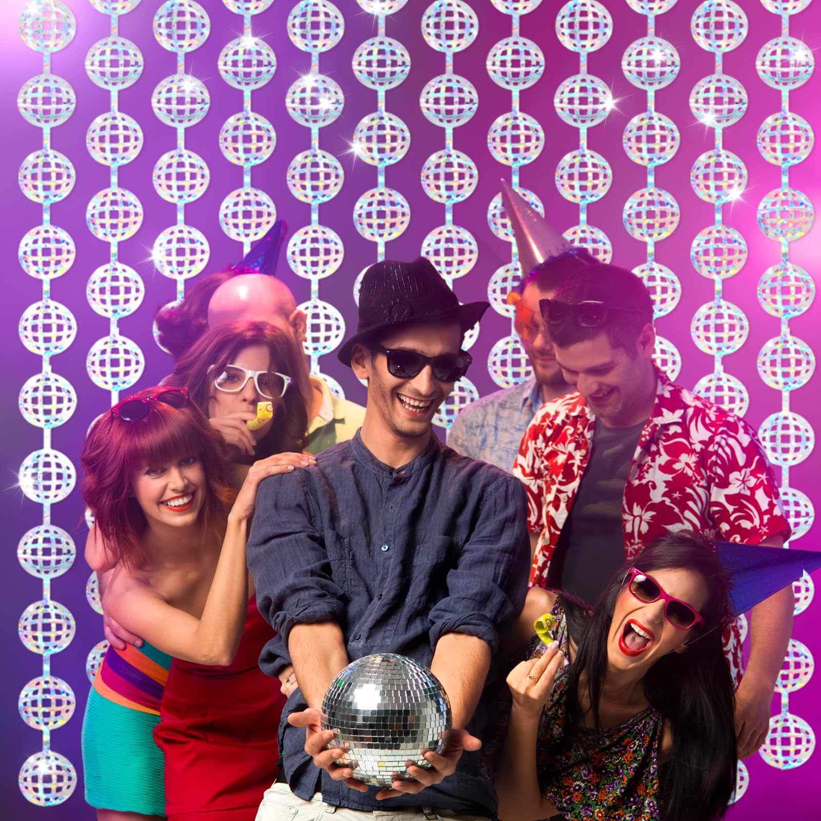 Blosssound 2 Pcs Disco Ball Backdrop 3.3 X 6.6 Ft 70S Party Backdrop Decorations Iridescent Disco Foil Fringe Curtains Disco Par