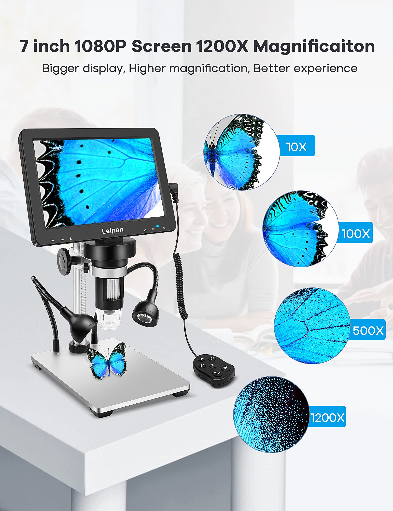 7'' Lcd Digital Microscope 1200X,Leipan 12Mp Coin Microscope With Screen For Adults,1080P Video Microscope With 12Pcs Slides,Wir