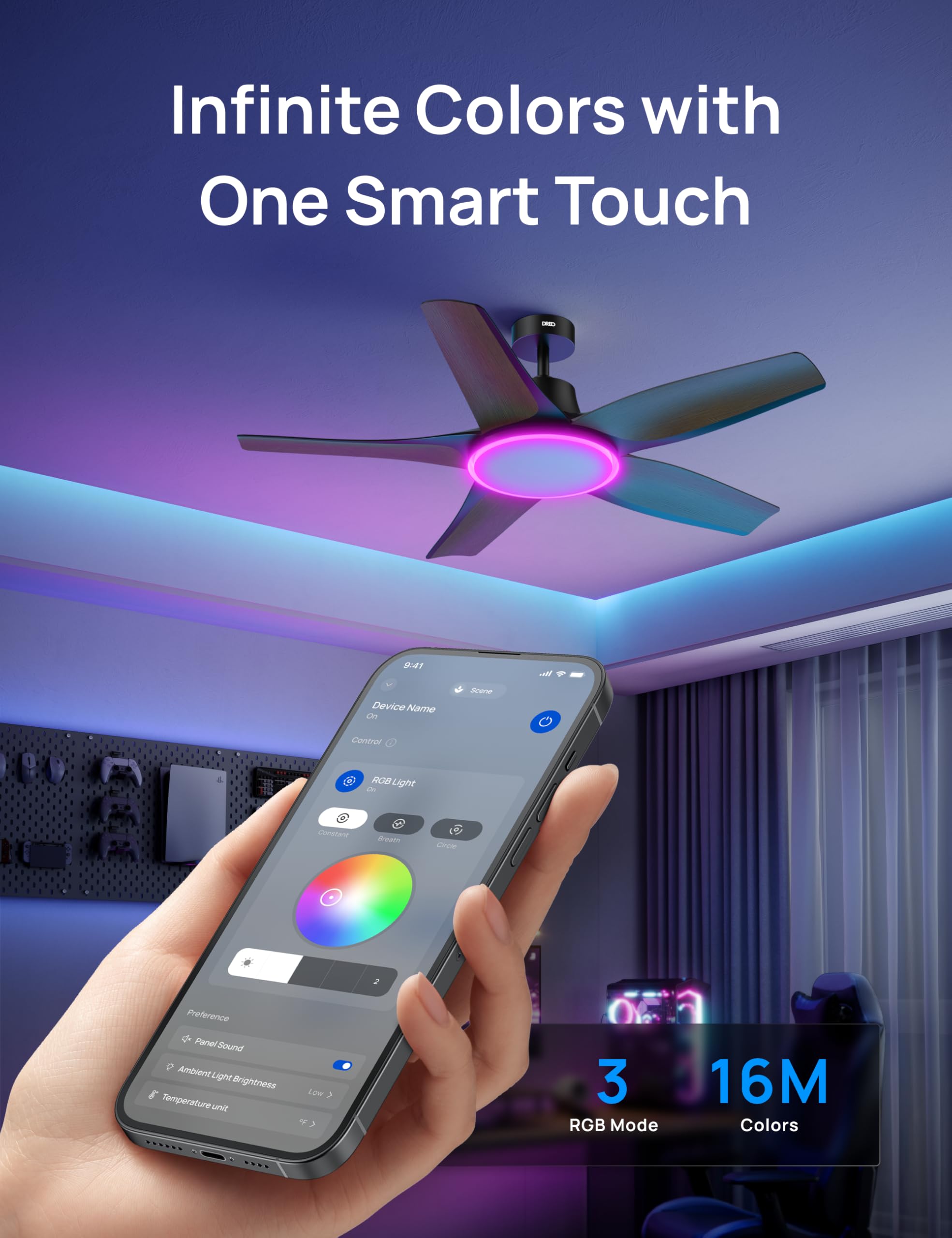 Dreo Smart Ceiling Fans With Lights, Low Profile Ceiling Fan With Alexa/App, 52'' Dimmable Lighting & Color Tuning, Rgb Ambient