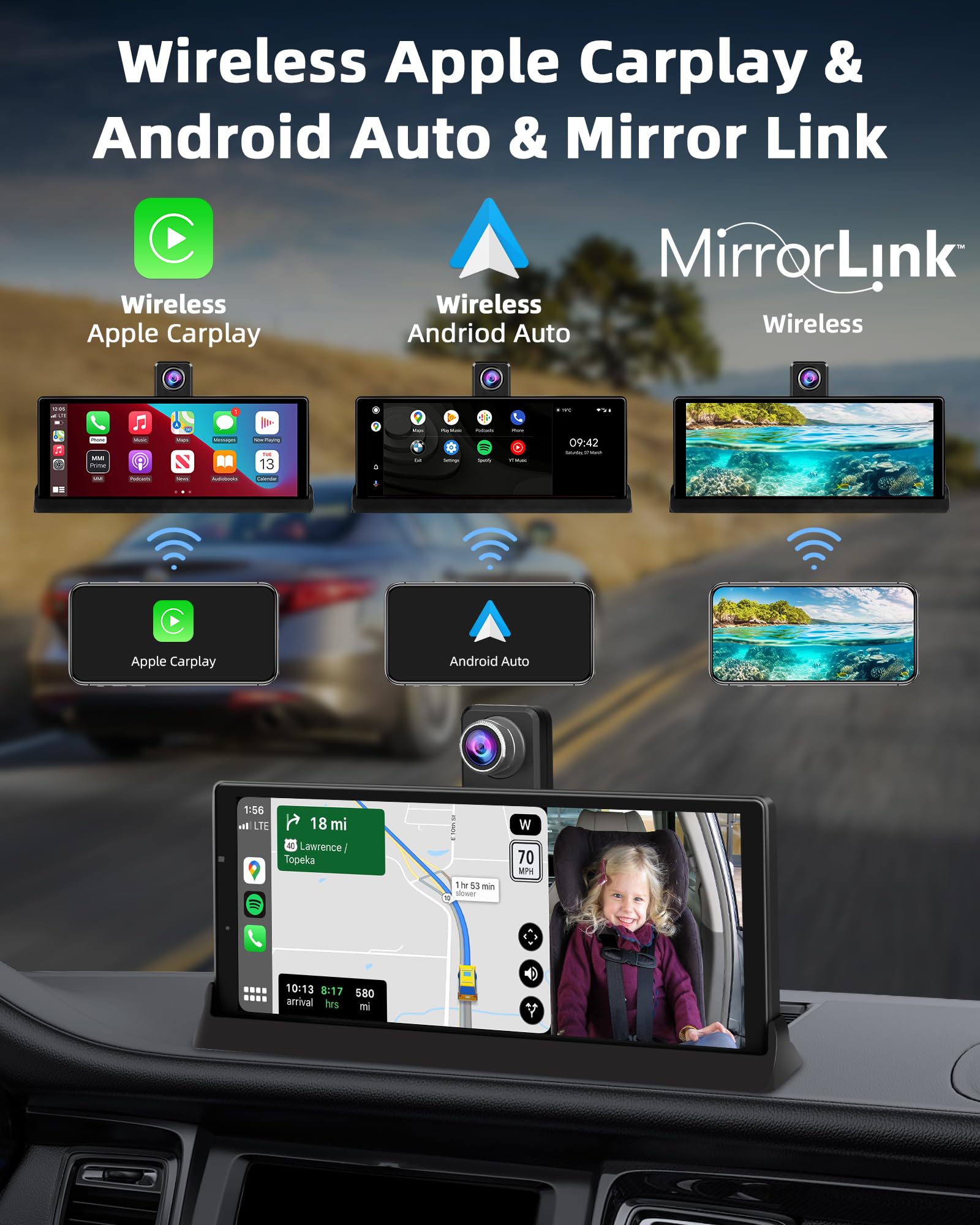 ?350 Rotatable Lens?10.26''Wireless Apple Carplay Screen For Car & 4K Dash Cam Portable Android Auto Car Stereo, Car Audio Recei