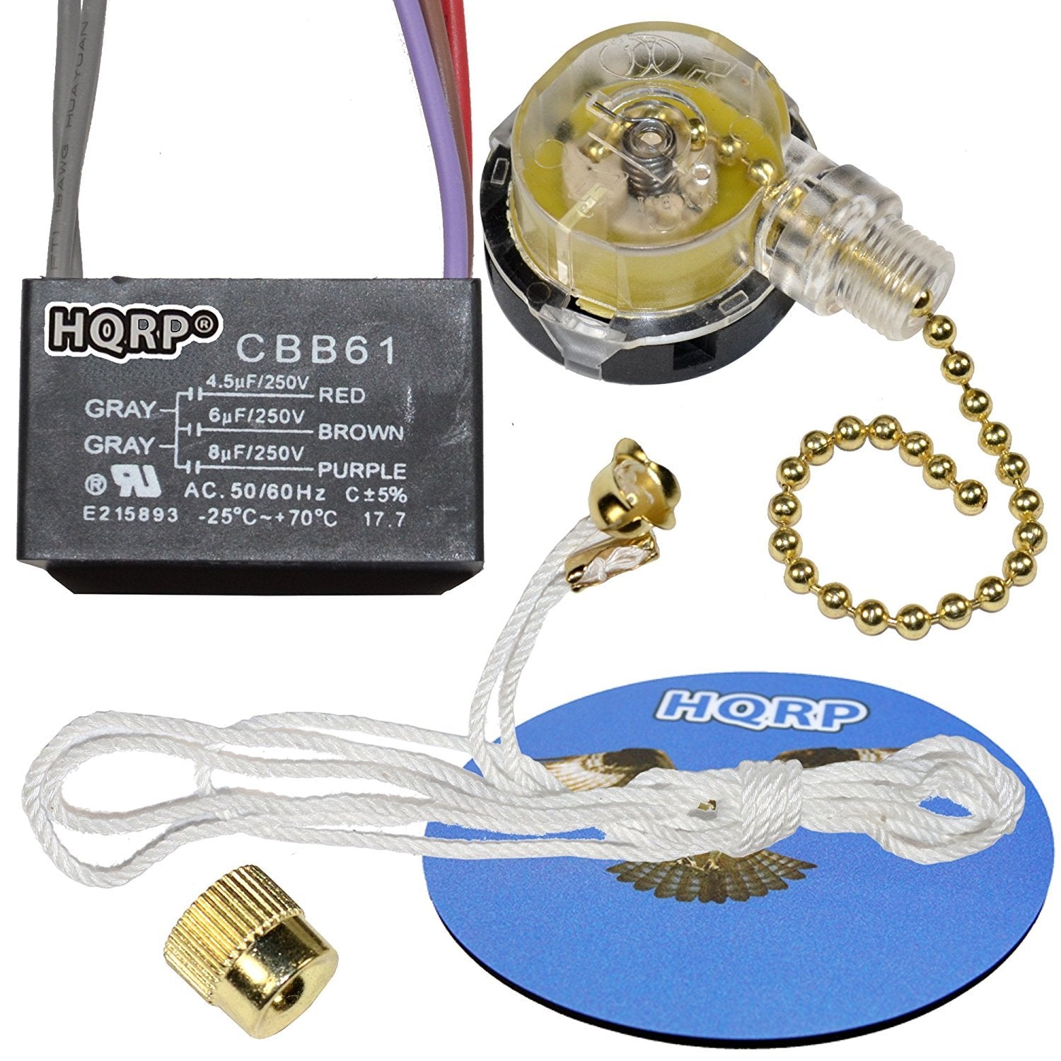 Hqrp Kit Ceiling Fan Capacitor Cbb61 4.5Uf+6Uf+8Uf 5 Wire Ul Listed And 3 Speed Fan Switch