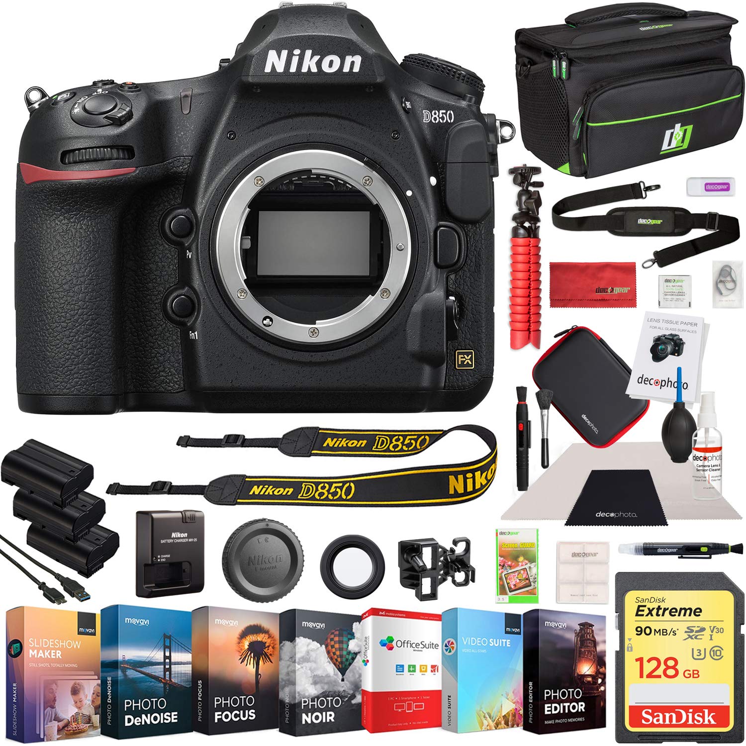 Nikon D850 45.7MP Full-Frame FX-Format Digital SLR Camera Body Bundle with 128GB Memory Card, Photo and Video Professional Editi