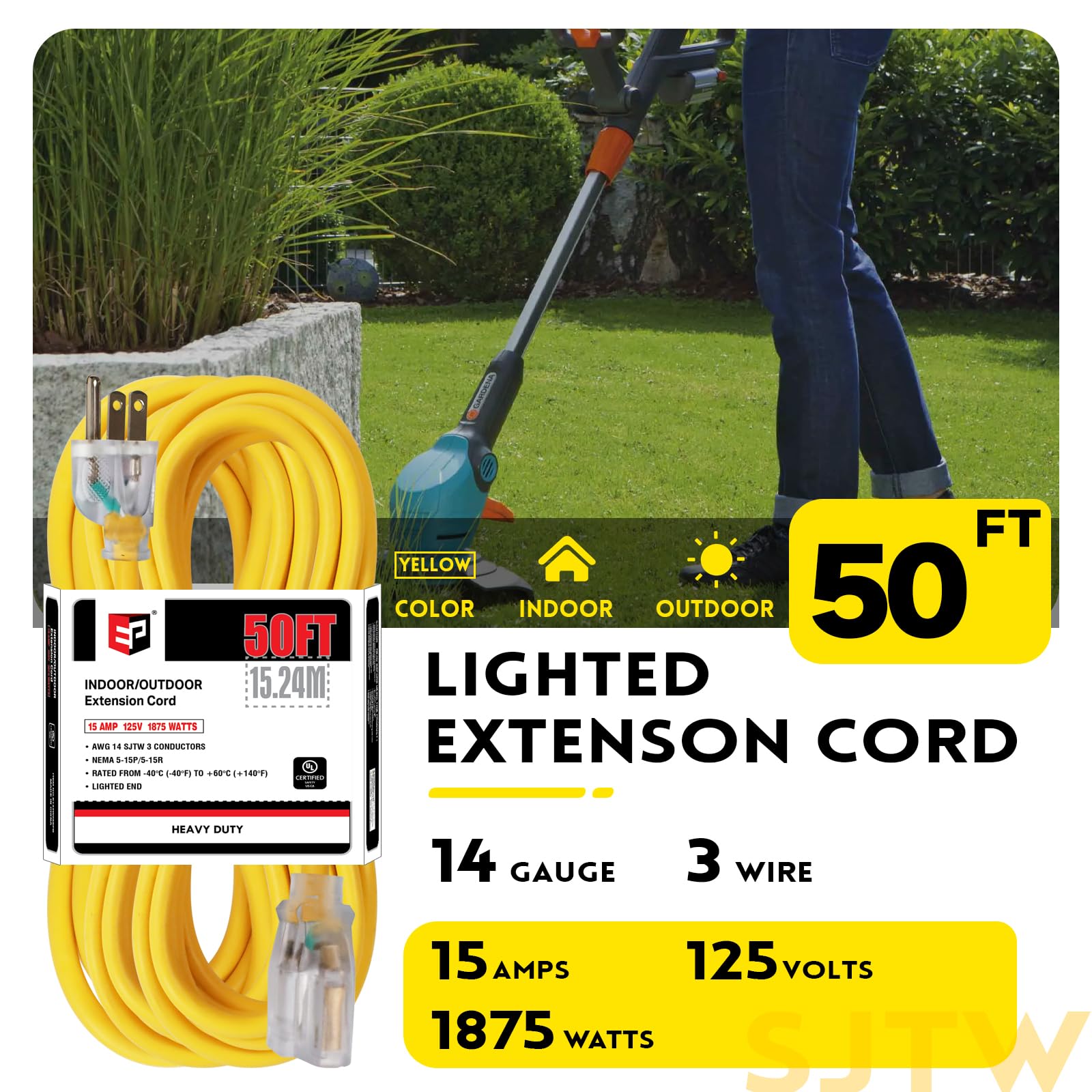 Ep 50 Ft 14/3 Lighted Outdoor Extension Cord   14 Gauge Sjtw Heavy Duty Yellow Extension Cable With 3 Prong Grounded Plug, Great