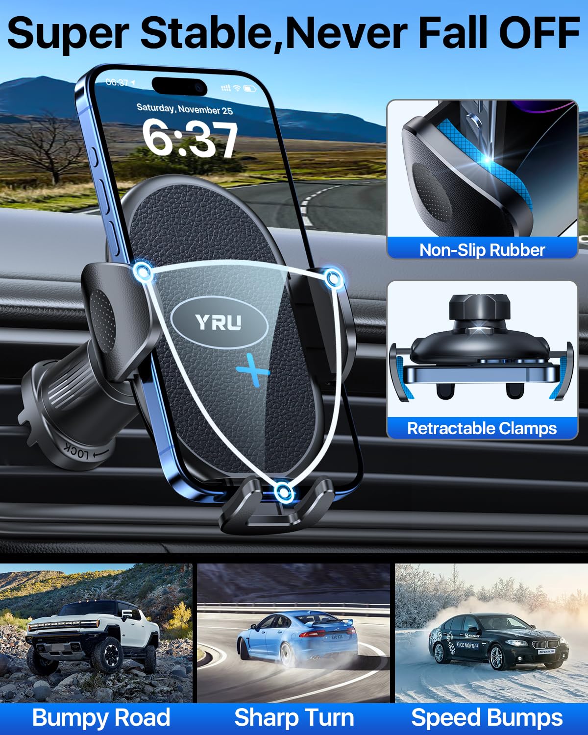 Car Phone Holder [2024 Upgraded Metal Hook Clip], Phone Holders For Your Car [No Fear Of Bumps] Car Vent Phone Mount Widely Compatible With Iphone 15 14 13 Samsung Android And All Smartphones, Black