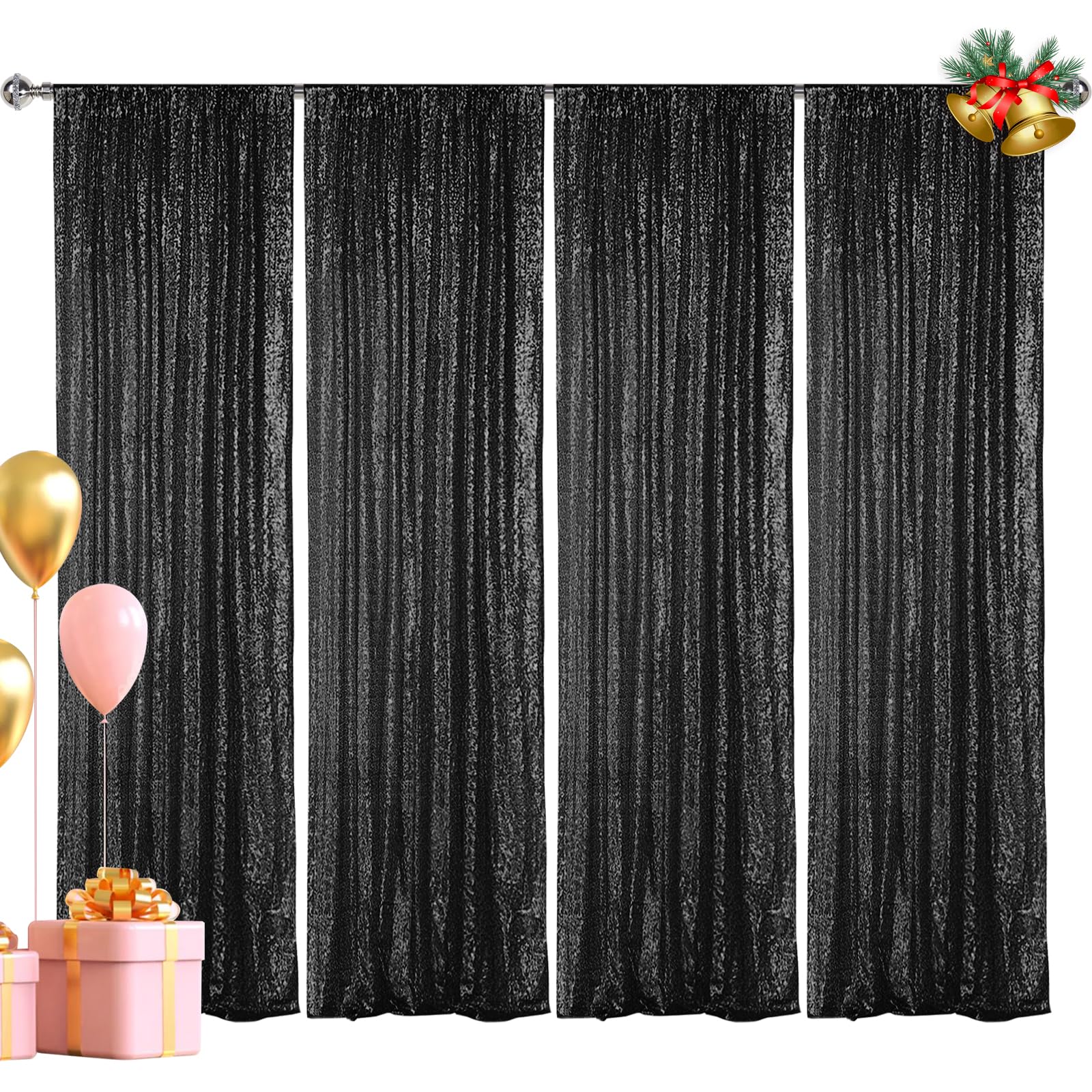 Hahuho Black Sequin Backdrop Curtain, 4Pcs 2Ftx8Ft Glitter Backdrop Curtain For Parties, Christmas, Wedding, Party Decoration(4