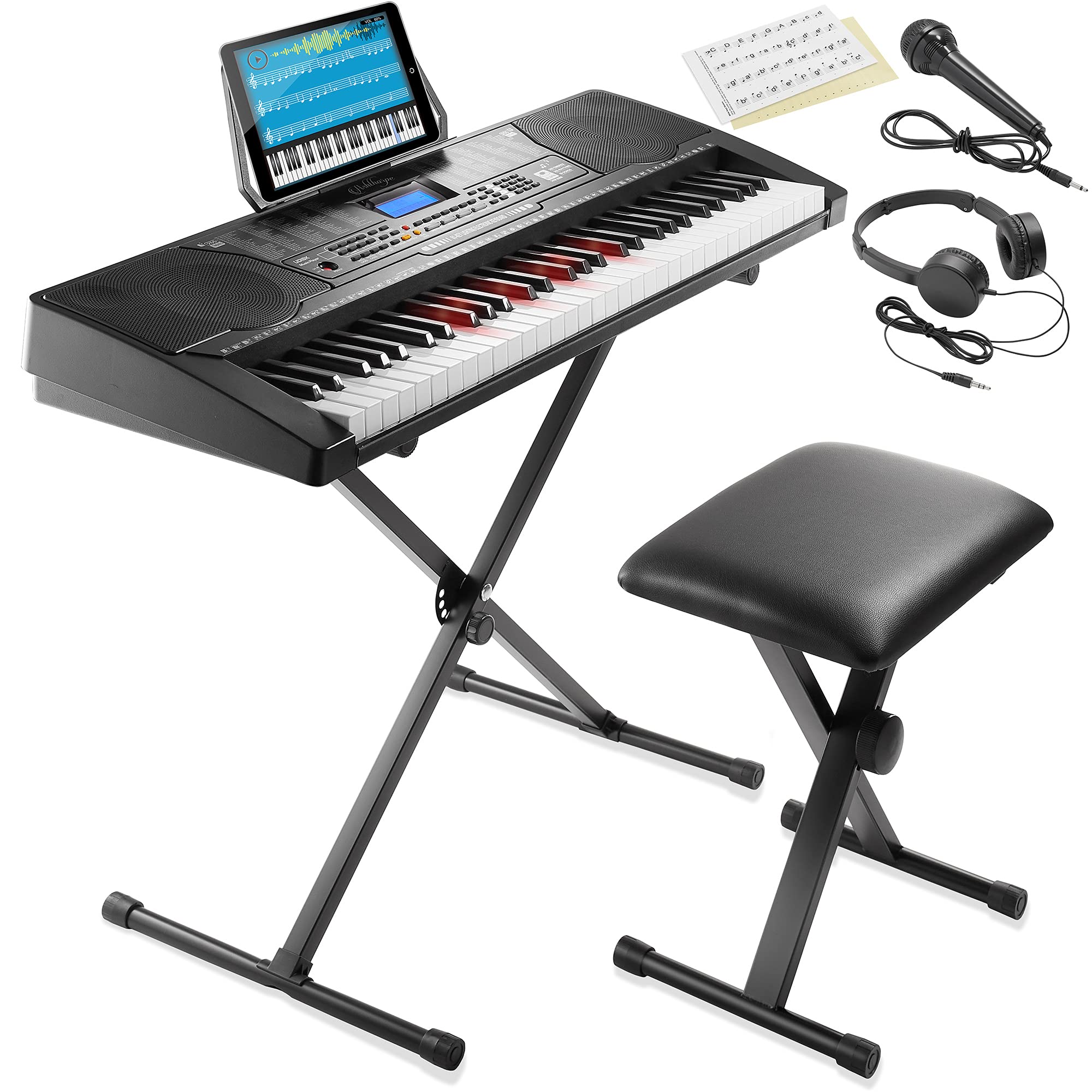 Ashthorpe 61 Key Digital Electronic Keyboard Piano With Full Size Light Up Keys, Beginner Kit Includes Stand, Stool, Headphones,