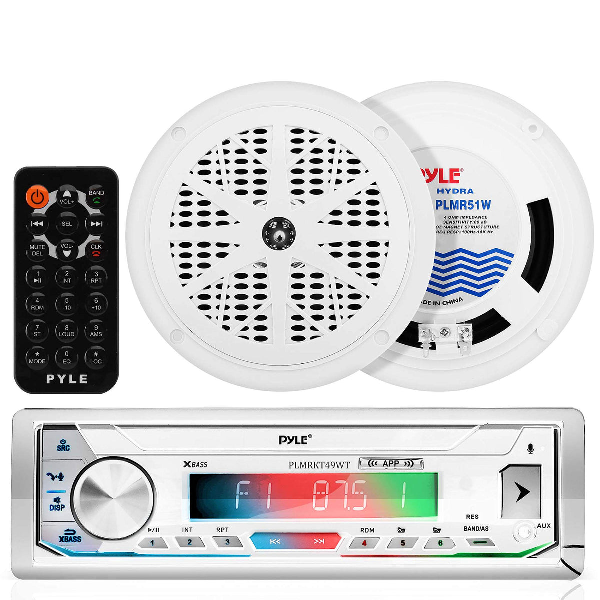 Pyle Bluetooth Marine Receiver Stereo & Speaker Kit   300W Single Din Boat Marine Head Unit, Mic, Hands Free Calling, Aux, Mp3/U