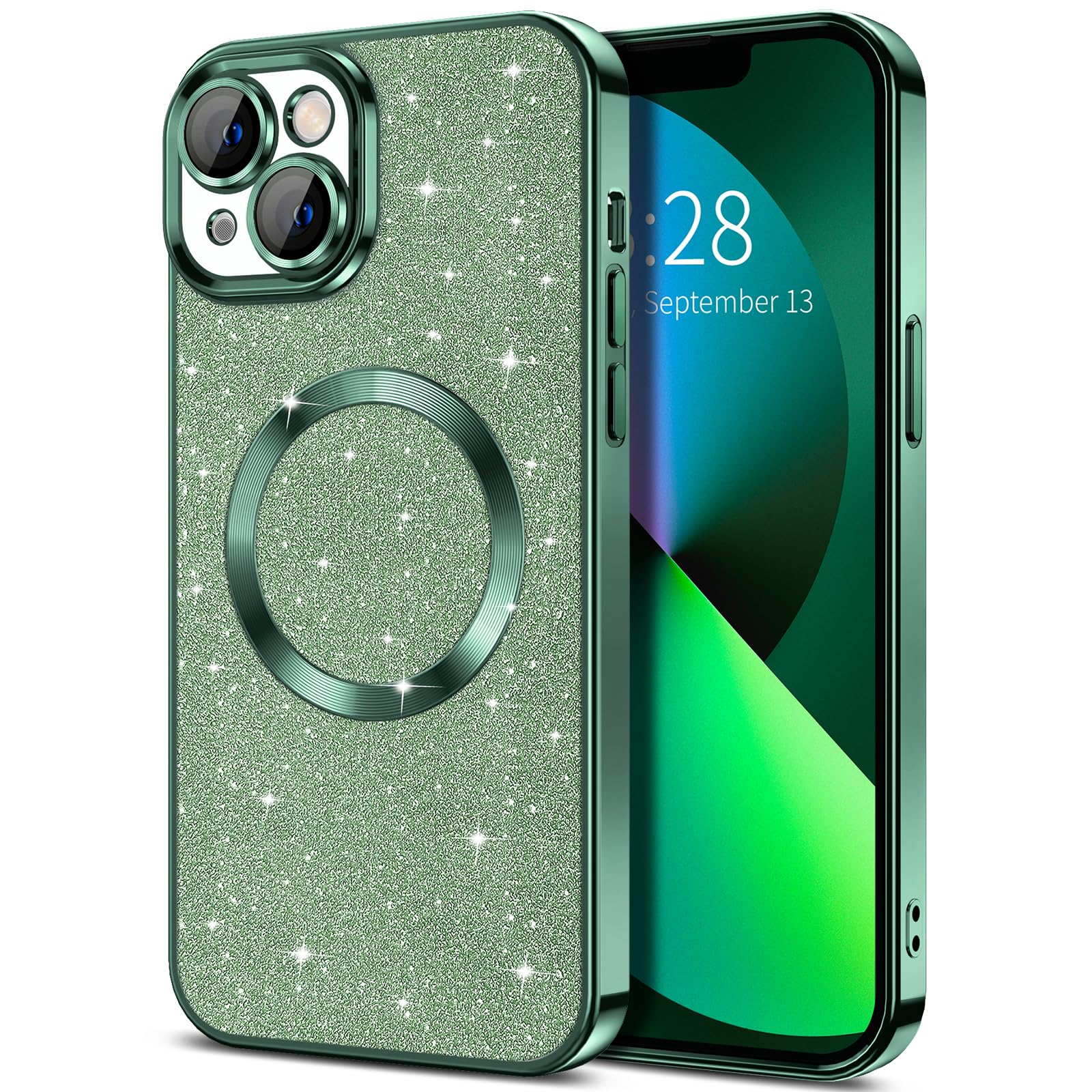 Hython For Iphone 13 Case Glitter, Clear Magnetic Phone Cases With Camera Lens Protector [Compatible With Magsafe] Bling Sparkle