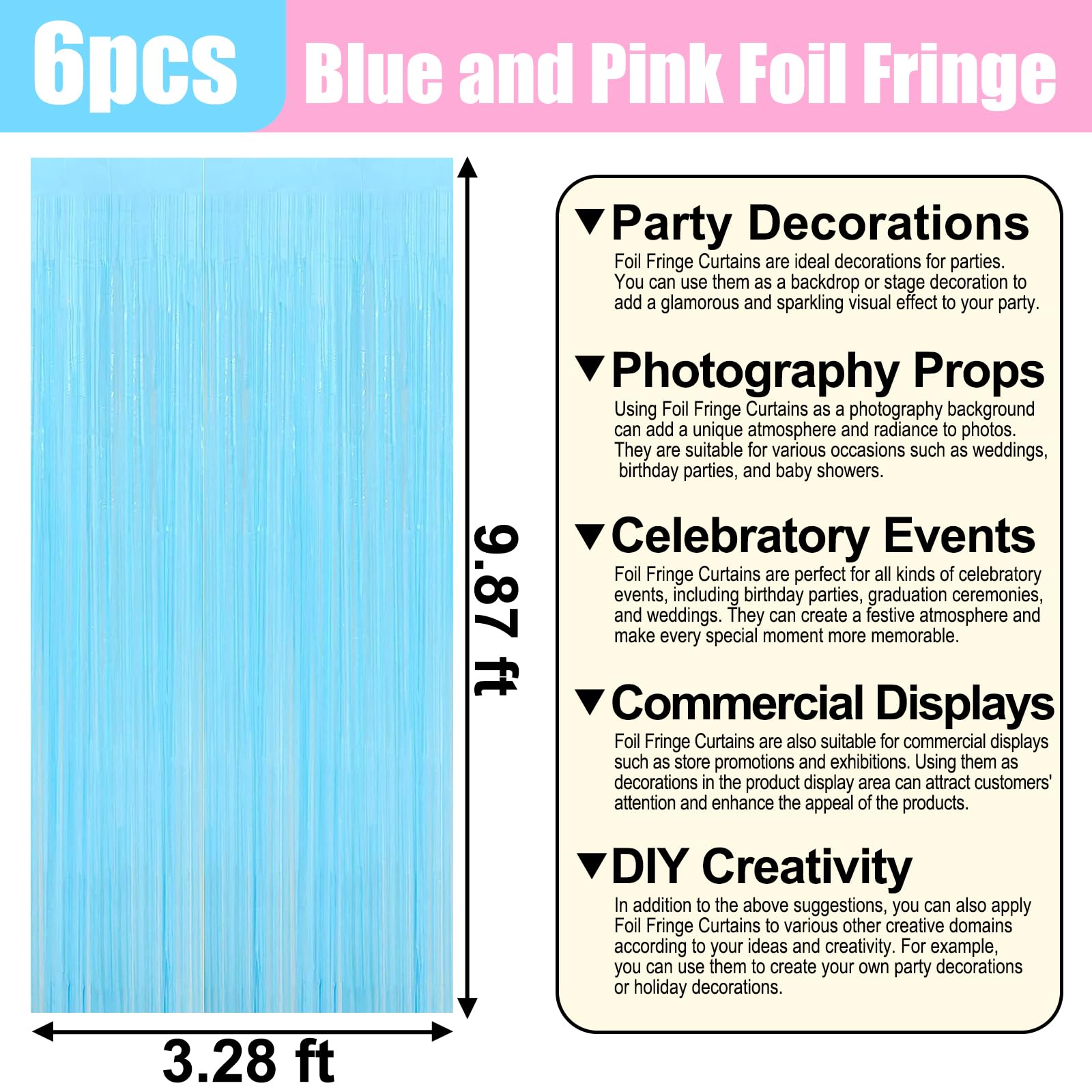 6 Pack Macaron Pink Blue Foil Fringe Curtain Backdrop, 3.28Ft X 9.8Ft Metallic Tinsel Foil Fringe Streamer Curtains For Photo Bo