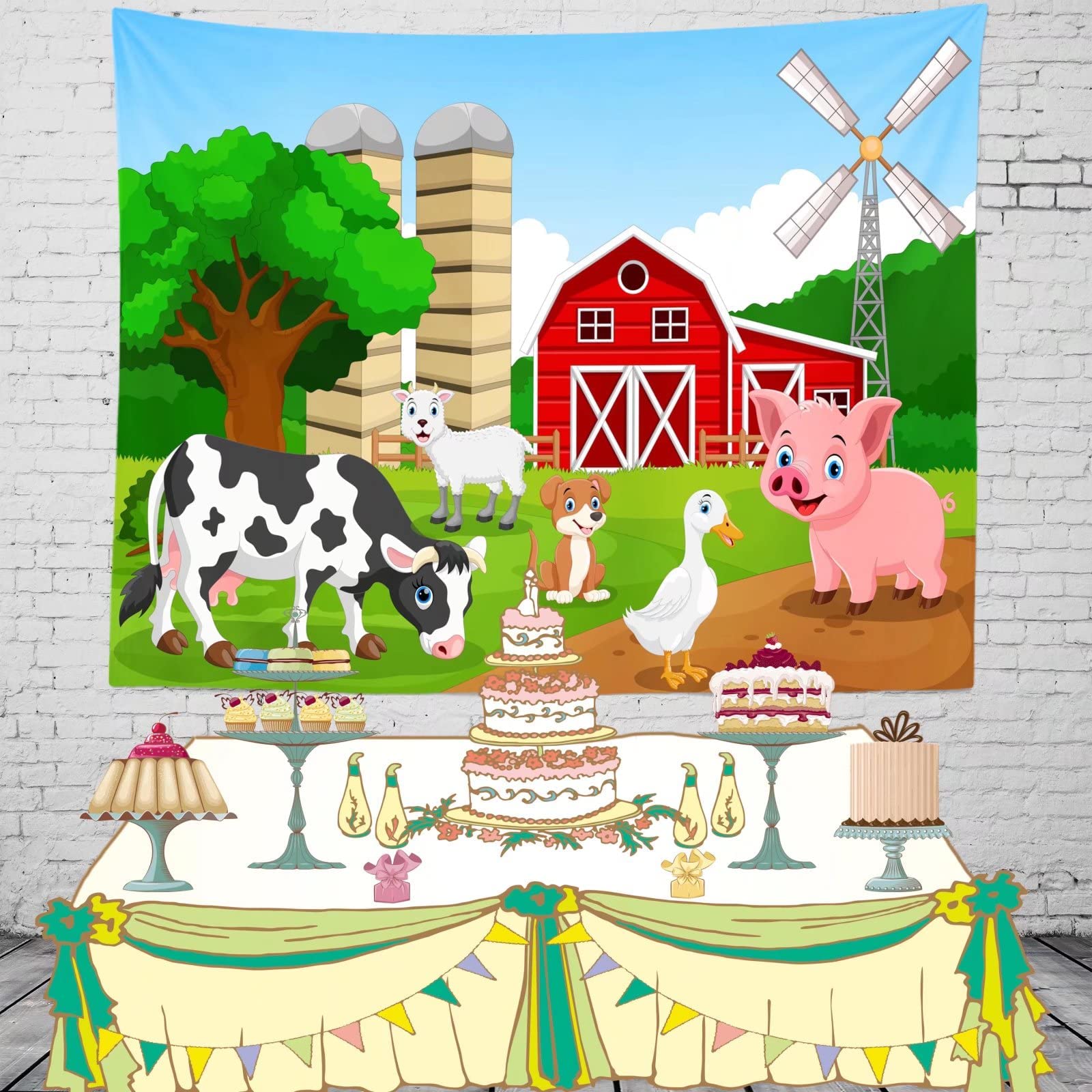 Loccor 7X5Ft Fabric Farm Animal Backdrop For Kids Birthday Party Decorations Cartoon Red Barnyard Cow Photography Background Bab